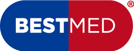 Best Med logo with blue and red background and white text.