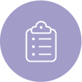 Icon of a clipboard with a paper and a pen in white on a purple circular background.