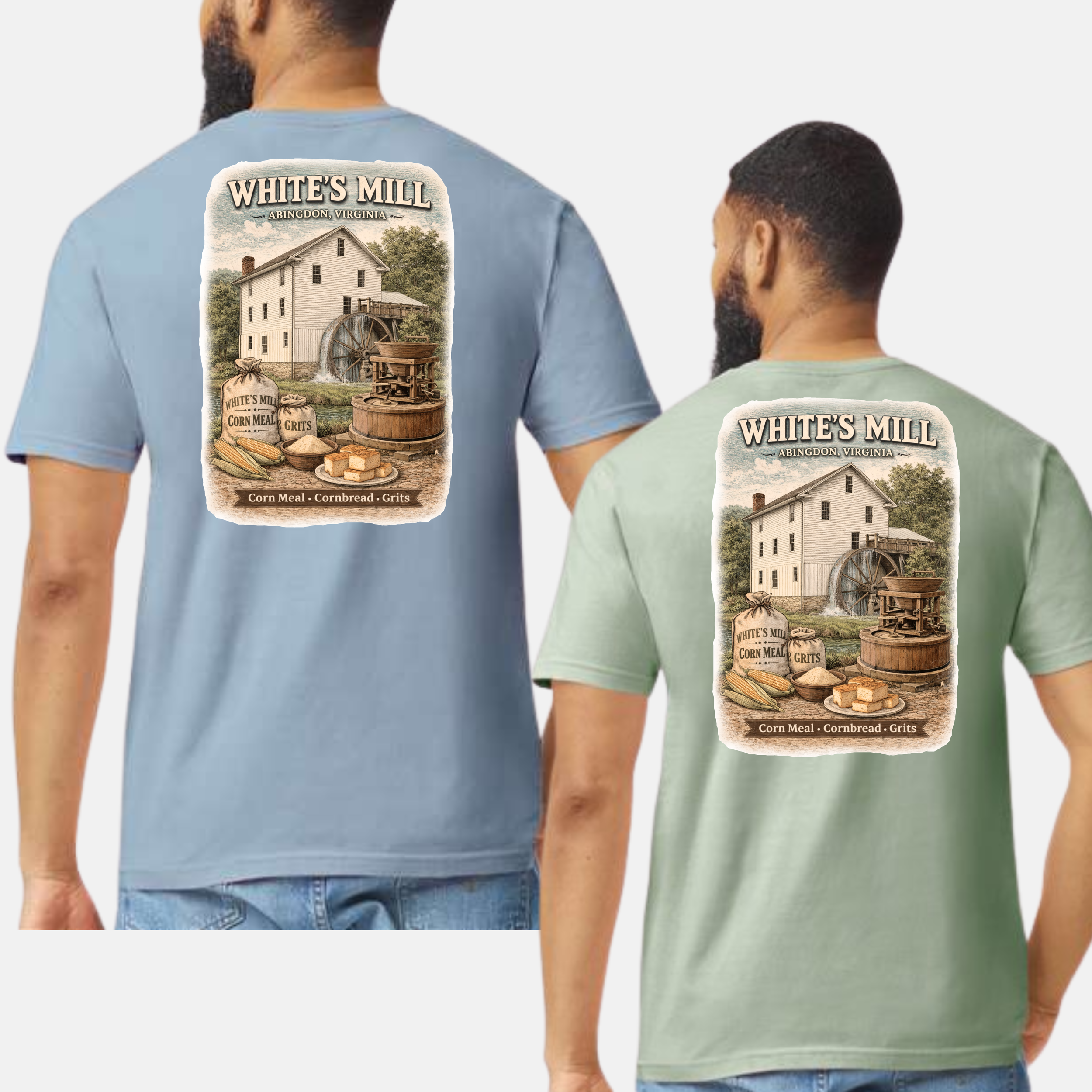 White’s Mill Historic Grist Mill T-Shirt – Abingdon, Virginia Waterwheel & Stone-Ground Cornmeal Design