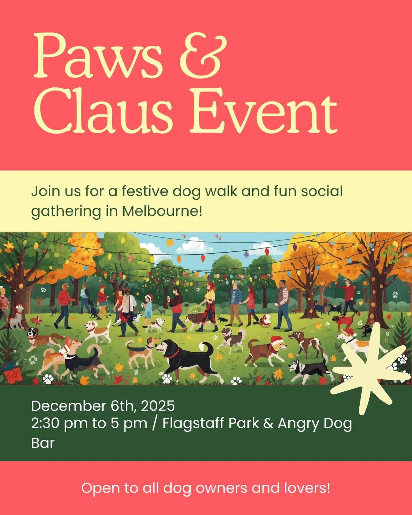 Melbourne dog lovers: let&rsquo;s end 2025 on a high 🐾🎄

Join us for Paws &amp; Claus: Holiday Dog Walk &amp; Social! Bring your pup (or come meet new four‑legged friends if you miss having one!) for a fun stroll, drinks, laughs and festive vibes. 