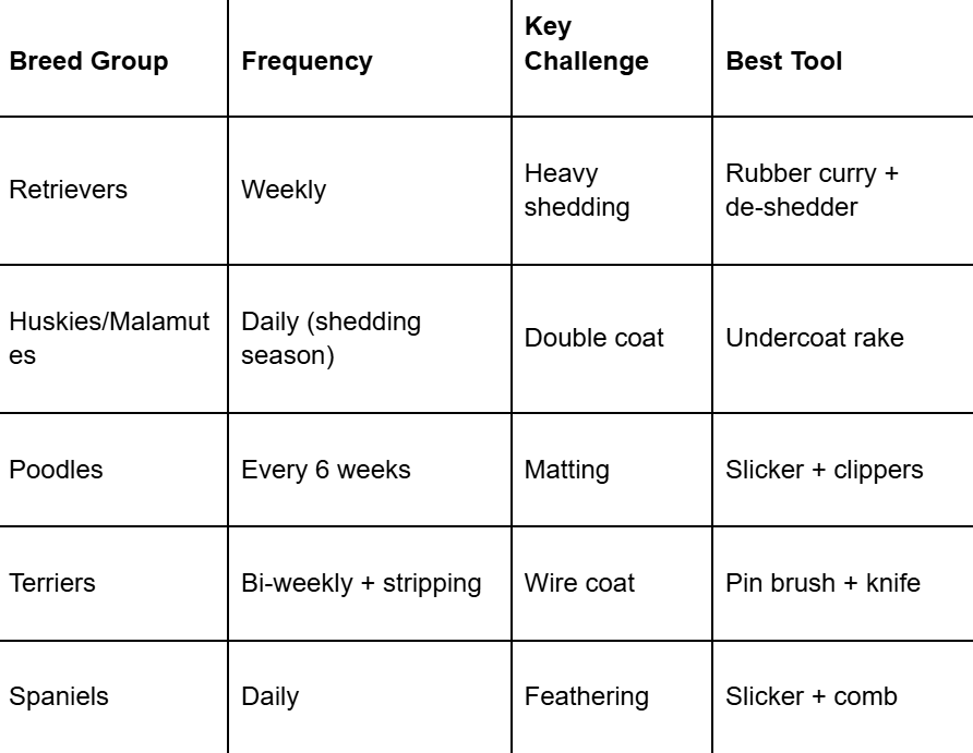 A table of a summary of breed-specific grooming guide.