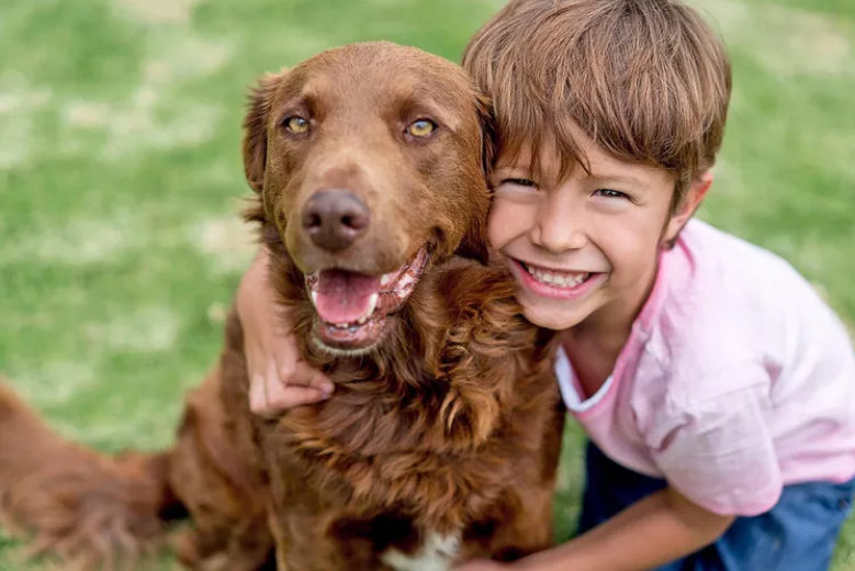 A little boy smiling with one arm around a dog.