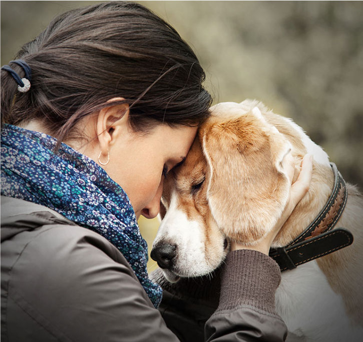 A woman closing her eyes and connecting her forehead with a dog.