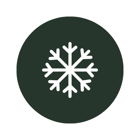 White snowflake icon inside a dark green circle.