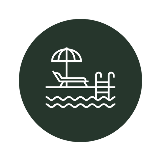 Icon of a lounge chair with an umbrella on a swimming pool deck, featuring pool ladder and water waves