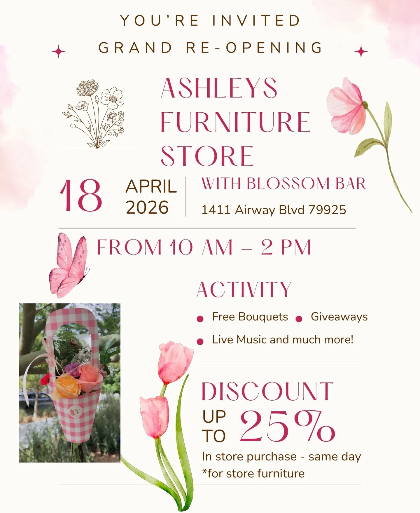 We&rsquo;re so excited to be part of this one&hellip; you already know the vibes! 🌸✨🤭

Join us this Saturday, April 18th starting at 10 AM for the Grand Re-Opening celebration with @ashleyofficial and come build a beautiful bouquet with us &mdash; 