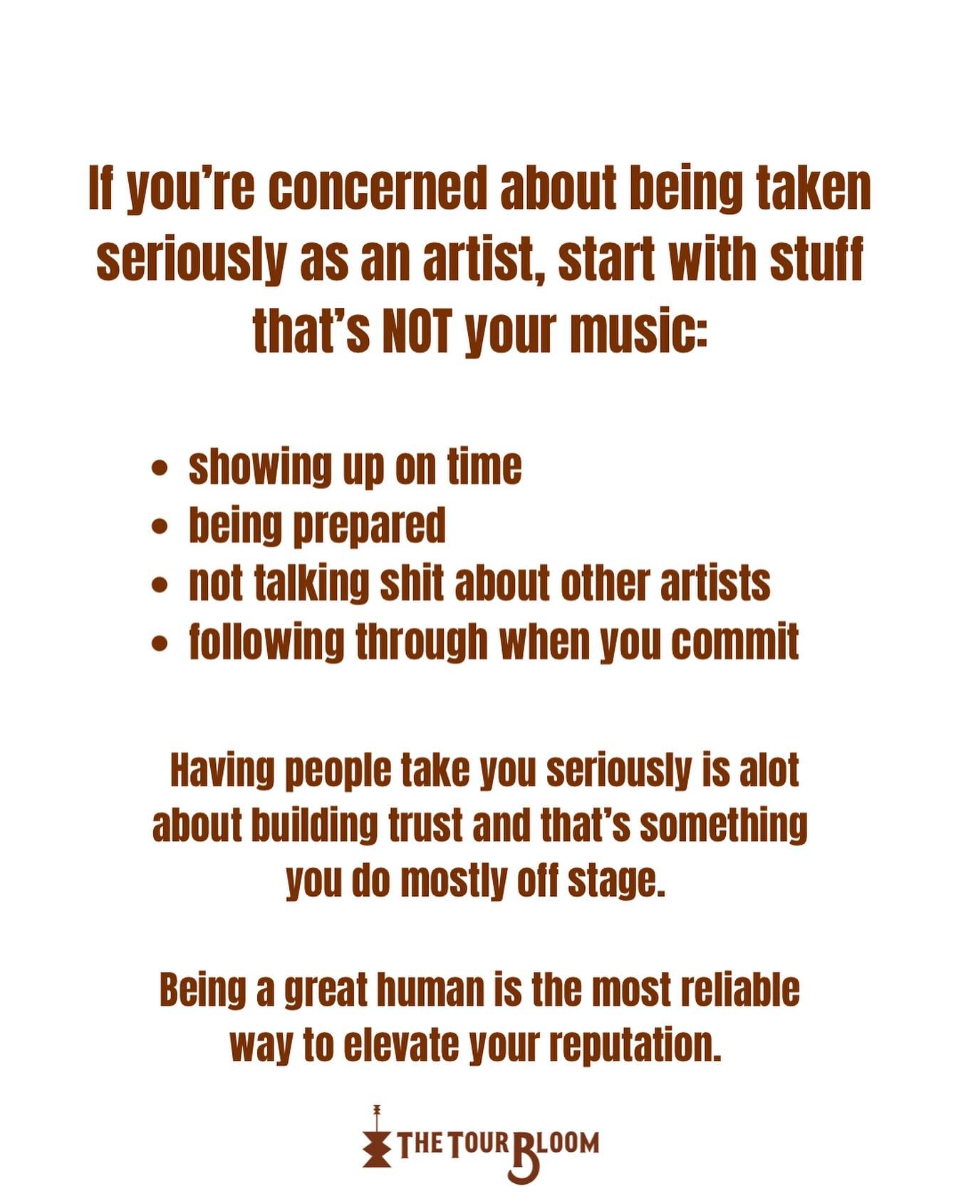Being a great human is the most reliable way to elevate your reputation as an artist. ⚡️🎸🎶🤎

#TourLife
#MusicianLife
#ArtistOnTour
#GigLife
#BackstagePass
#Soundcheck
#LifeOnTheRoad
#LiveMusicLover
#IndieMusician
#onstageoffstage
#thetourbloom
#ar