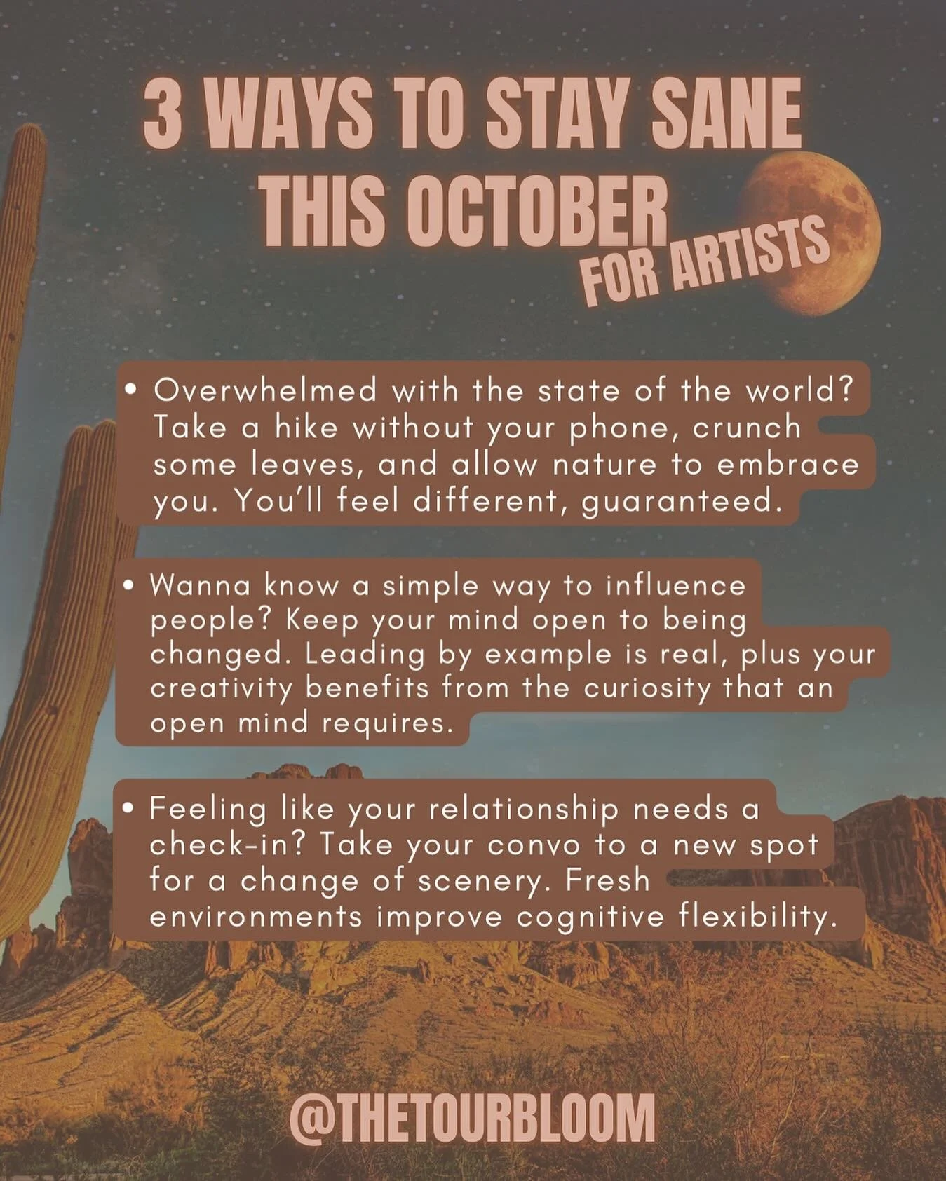 Your top 3 tips for staying connected this month: with yourself, your people, and your partner 🤎🍂 
.
.
.

#touringartistwellness 
#bandlife
 #touringmusician
#musicianlife
#touringartist 
#thetourbloom
#artistwellness
#musicianboundaries
#relationa