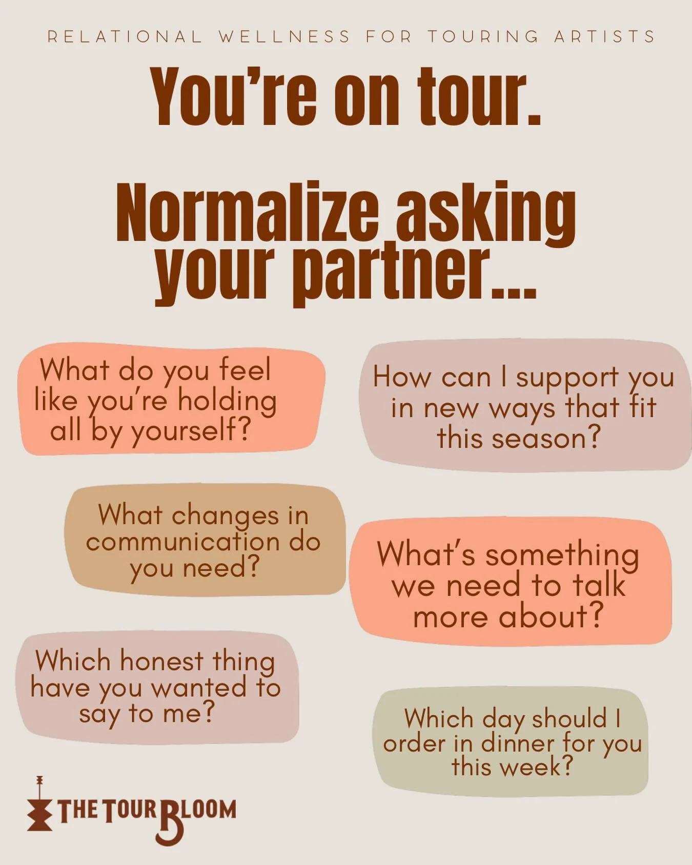 Asking better questions doesn&rsquo;t have to auto result in a deep dive into heavy relational stuff - we often assume it does and that assumption keeps us living on the conversational surface esp when we&rsquo;re depleted from tour. 😬 

A more thou