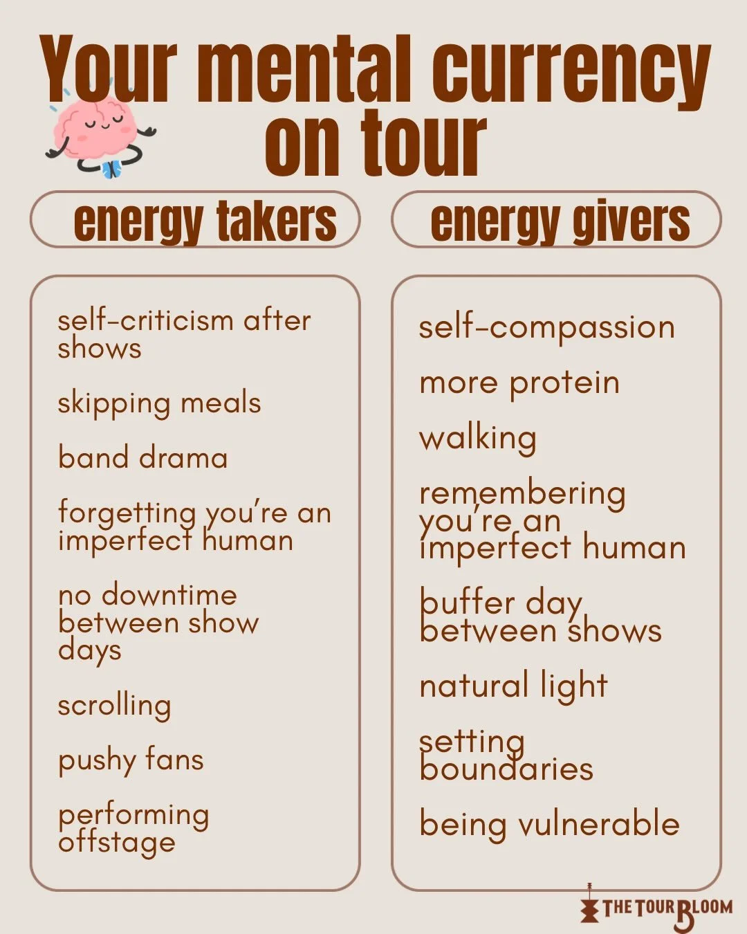 Protecting your mental currency on tour does the obvious&hellip; supports your touring experience but it ALSO supports future-you and a smoother home landing 🫶🏡 

*TY to @nicolesneuroscience for this concept and illuminating work for better brain h