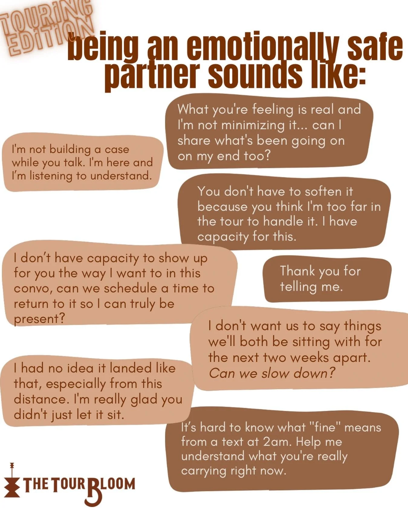 Being an *emotionally safe partner* can feel challenging in any relationship and we&rsquo;re not gonna get it right every time even when we&rsquo;re trying our best. 🫶 But it&rsquo;s HARDER inside the touring setting where communication isn&rsquo;t 