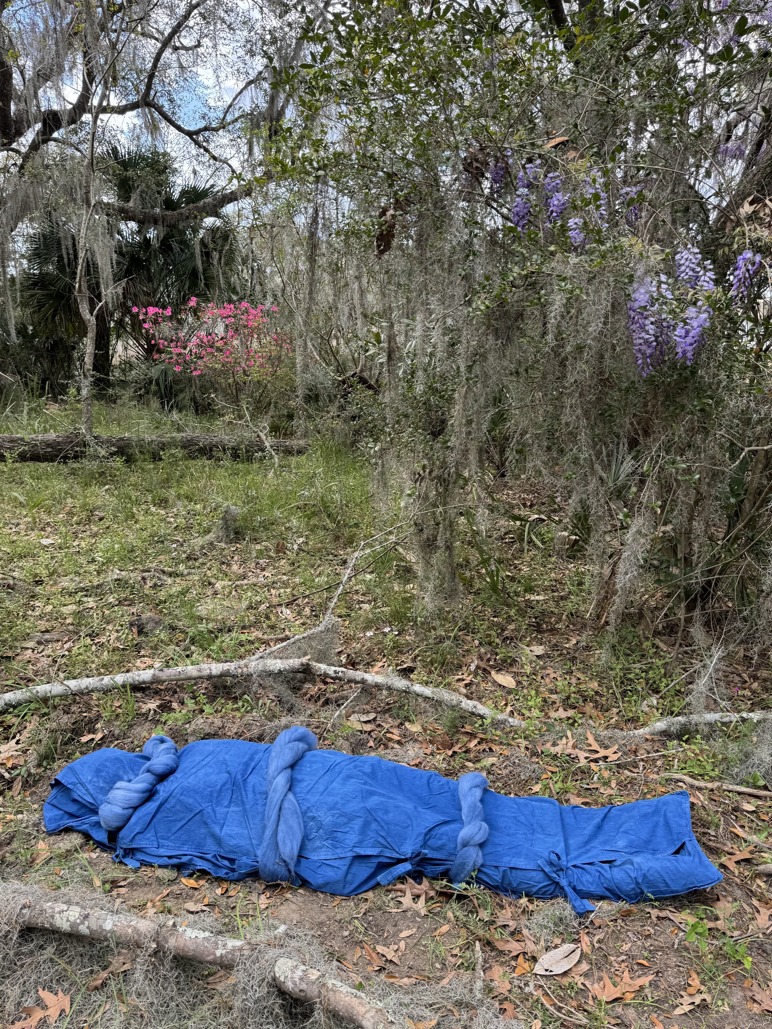 Biodegradable indigo dyed burial shroud for green burial