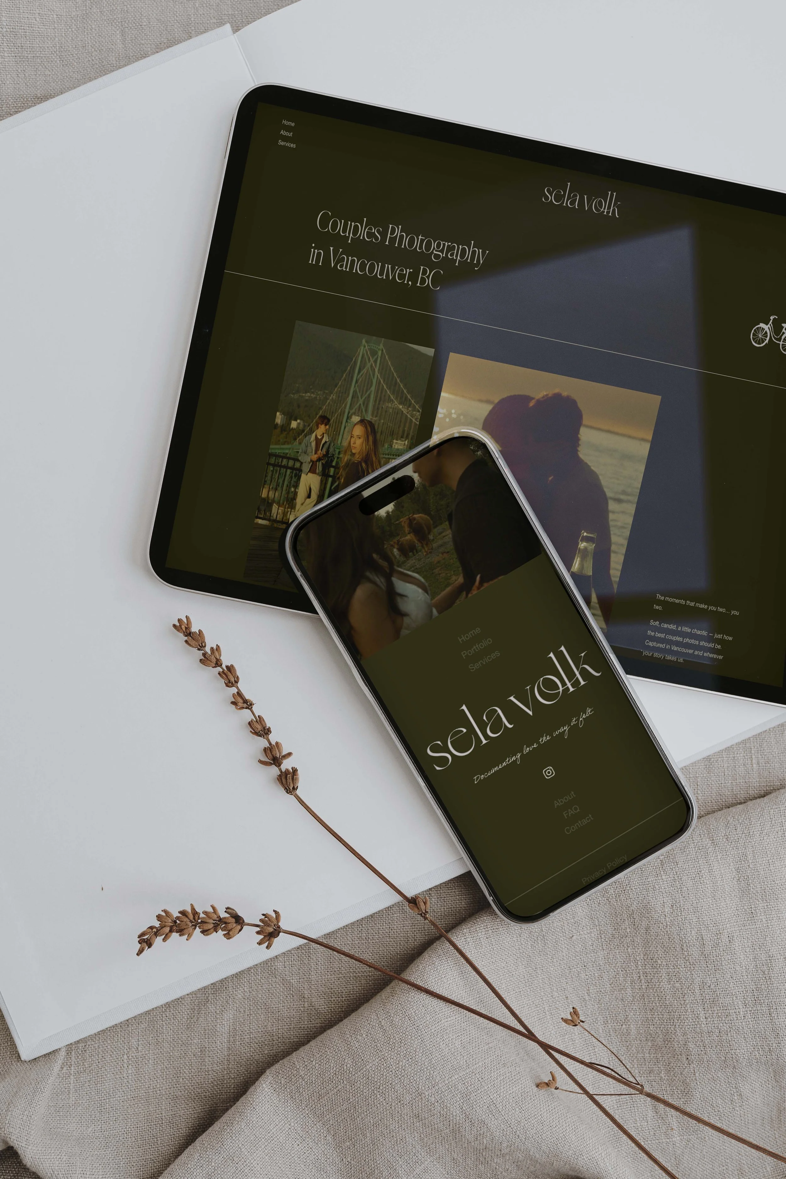 Close-up of a couple, one with a joyful expression and the other with hands on chin, with 'MAYA CHEN' branding written across image