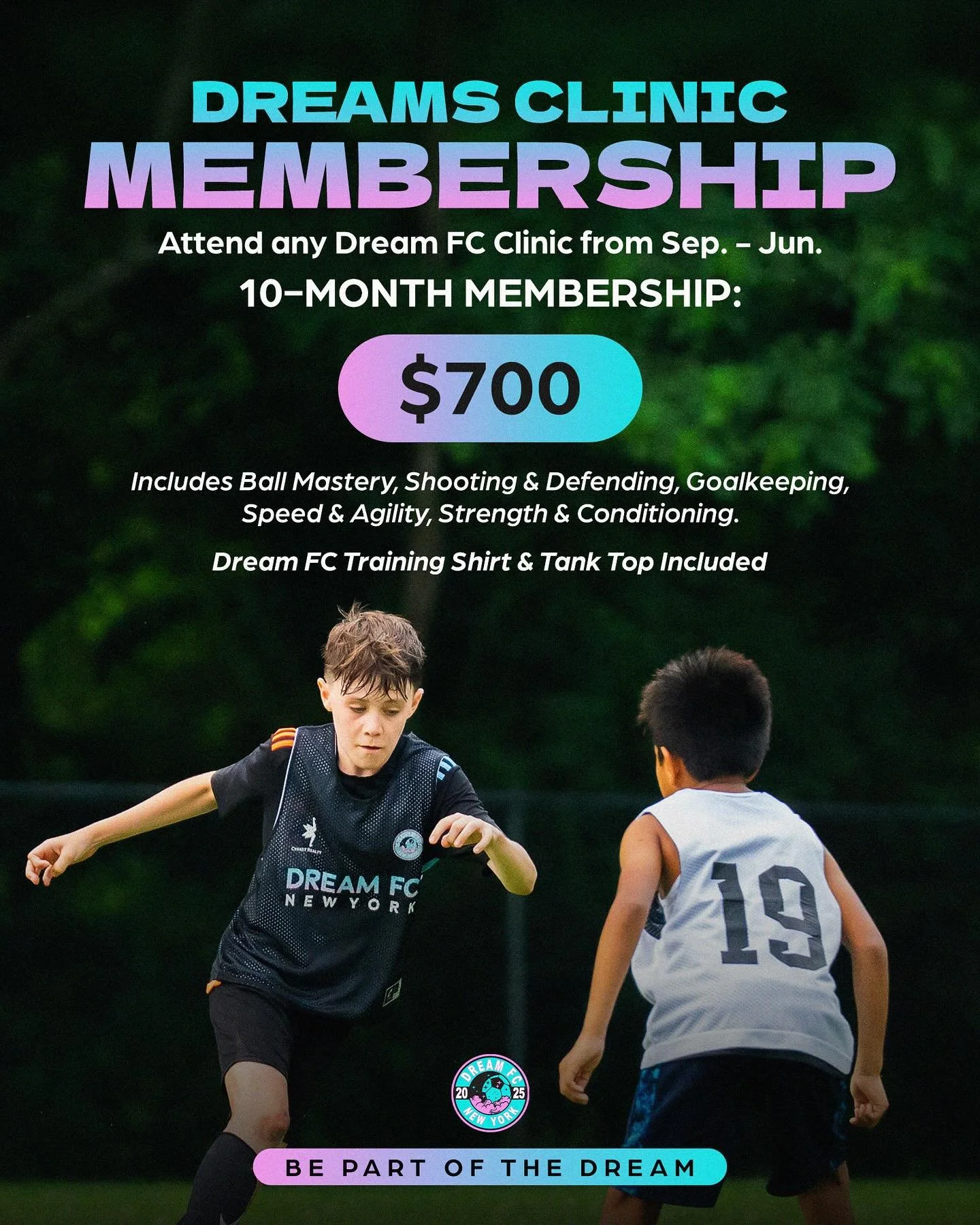 💥 Dreams Don&rsquo;t Wait. Why Should You? 💥
Train all year long with our Dreams Clinic Membership!
⚽ Unlimited access to Dream FC clinics from Sept&ndash;June
🏋️&zwj;♂️ Ball Mastery, Shooting &amp; Defending, Goalkeeping, Speed &amp; Agility, Str