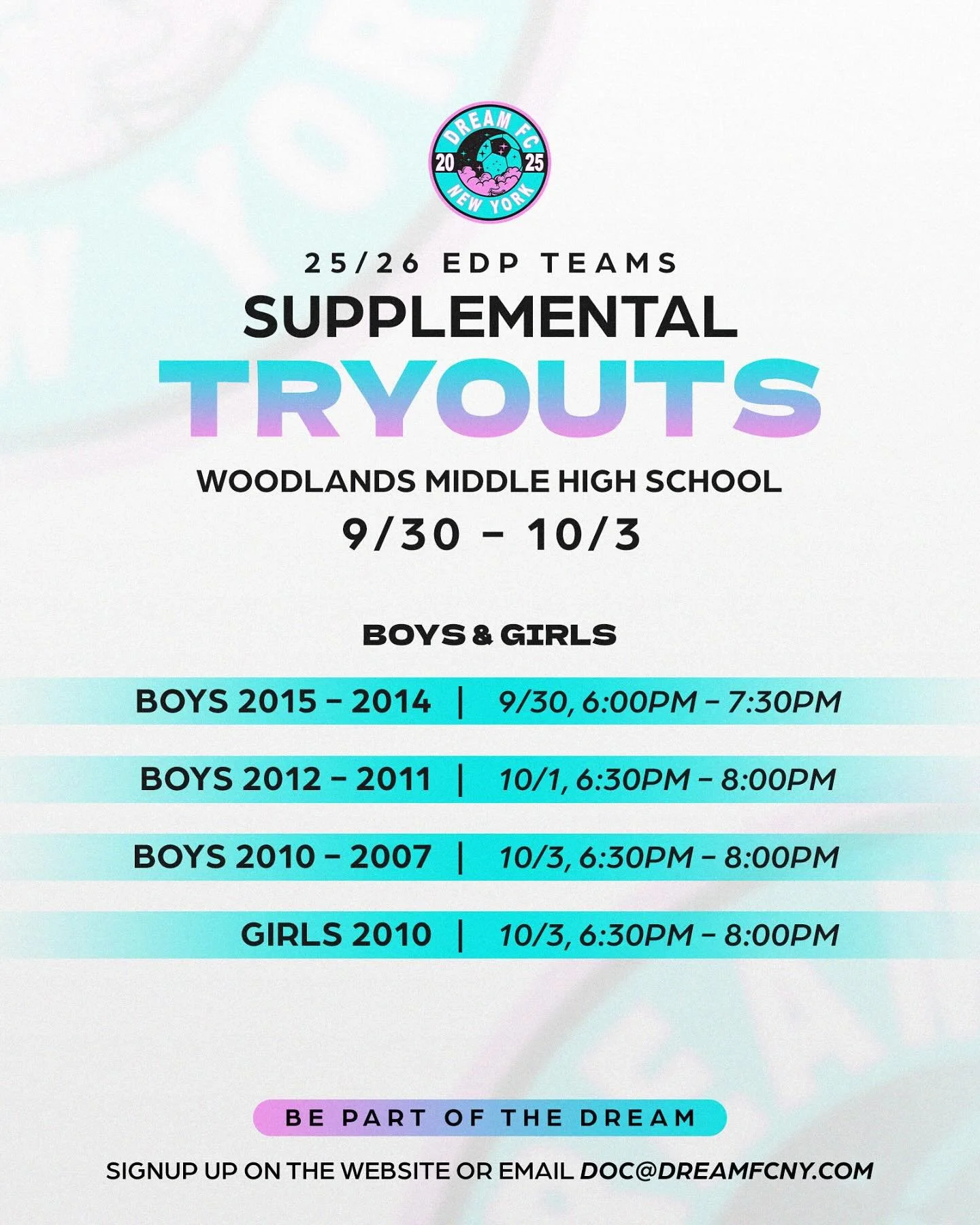 🚨 Supplemental Tryouts Are Here! 🚨
Dream big. Play bold. 💭⚽

We&rsquo;re looking for dedicated athletes to join our 25/26 EDP Teams! Looking to a few. Sports on our teams. 
📍 Woodlands Middle High School
📅 9/30 &ndash; 10/3

Boys &amp; Girls&mda