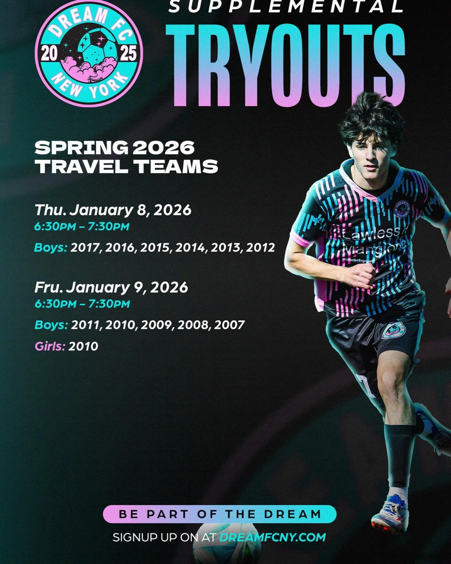 🔥 SPRING 2026 TRYOUTS 🔥
FREE supplemental tryouts for boys &amp; girls!
January 8&ndash;9 &mdash; limited spots on select teams available!

Sign up at the link in our bio or on DreamFCNY.com 💫
#BePartOfTheDream