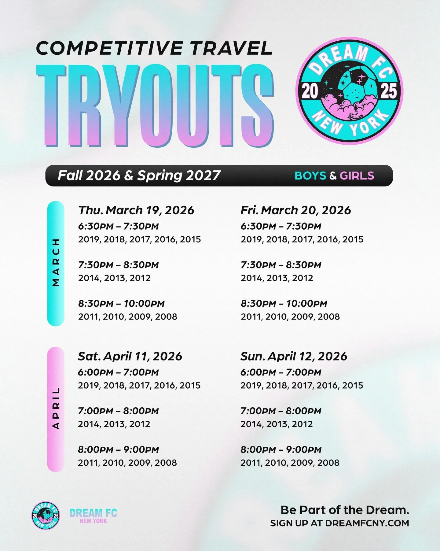 More than a club. More than a team. A place to grow ⚽️✨
.
Dream FC Competitive Travel Tryouts are here for Fall 2026 &amp; Spring 2027 &mdash; and this is more than just a tryout. It&rsquo;s an opportunity to join a club built on development, belief,