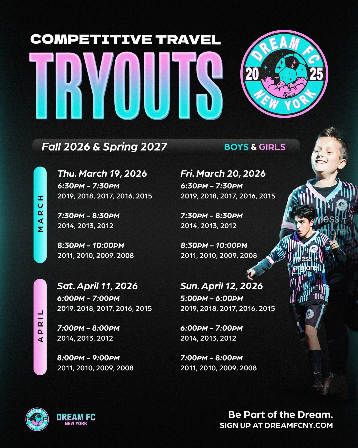 Year 2 is here &mdash; and we&rsquo;re just getting started!
.
Dream FC Competitive Travel Tryouts (2019&ndash;2008) are coming this March &amp; April at Woodlands in Hartsdale NY. High-level training, EDP competition, and our NEW Black Tournament Te