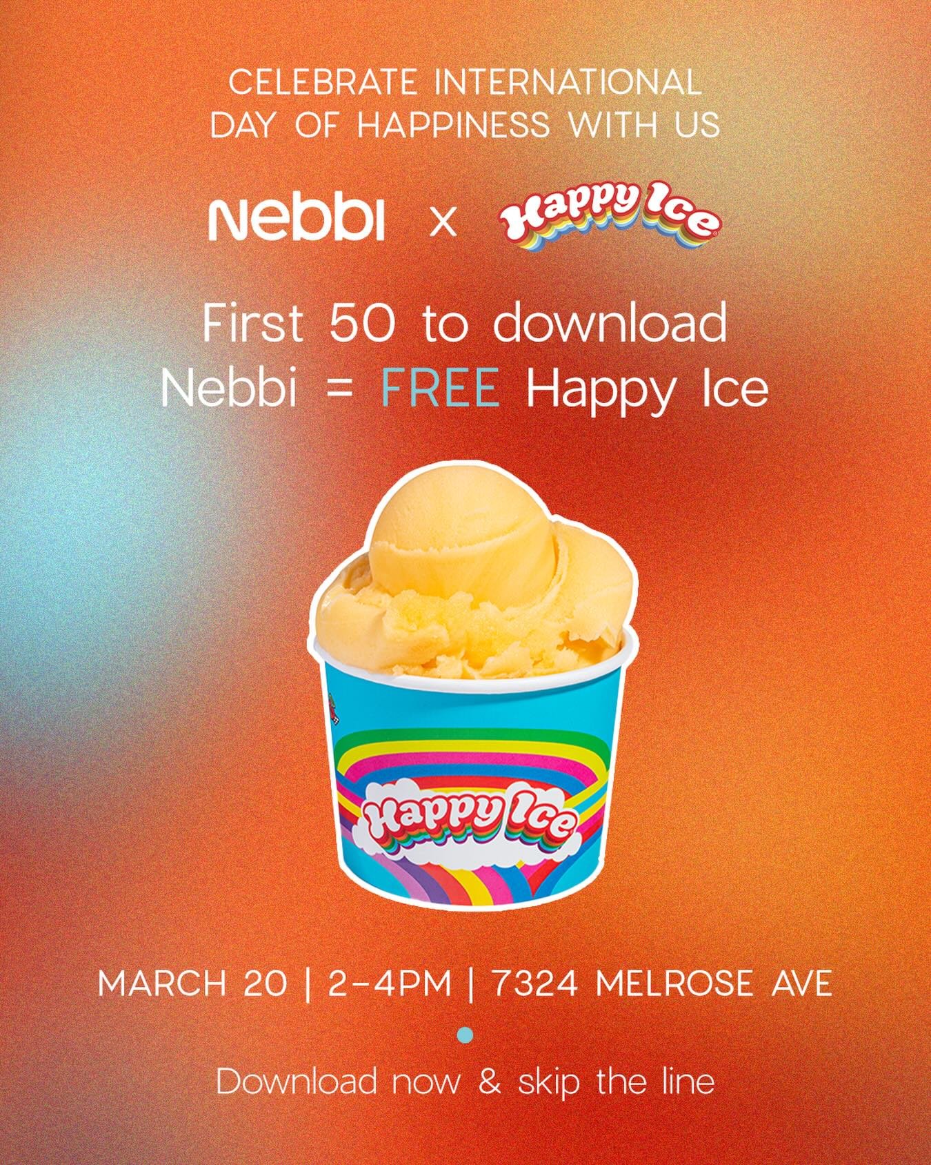 we&rsquo;re celebrating International Day of Happiness with @happyice! 🍧🩵

MARCH 20TH! Mark your calendars for the sweetest collab ✨
here&rsquo;s how it works:

✨ download the Nebbi app + complete onboarding BEFORE 3/20 = skip the line &amp; get yo