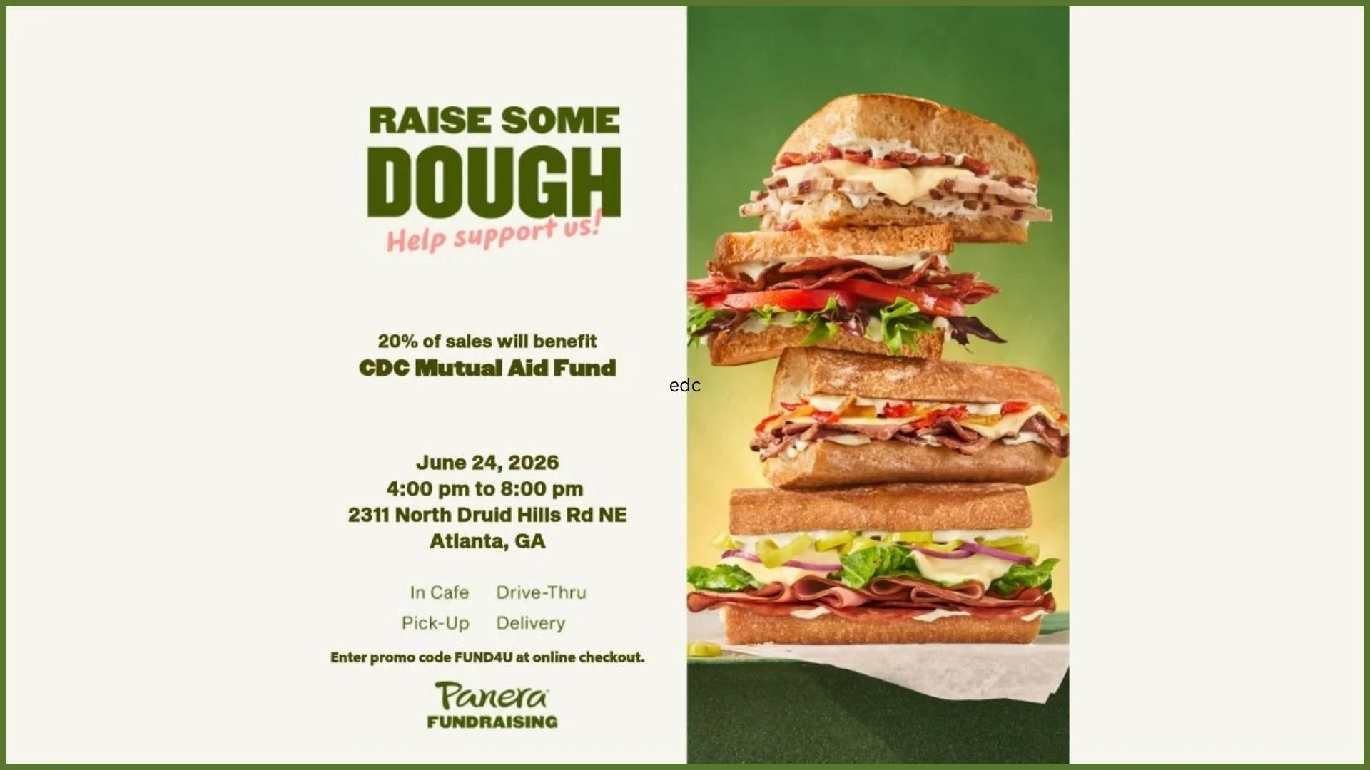Raise some dough; help support us! 20% of sales benefit CDC Mutual Aid Fund; June 24 4:00 to 8:00 pm
