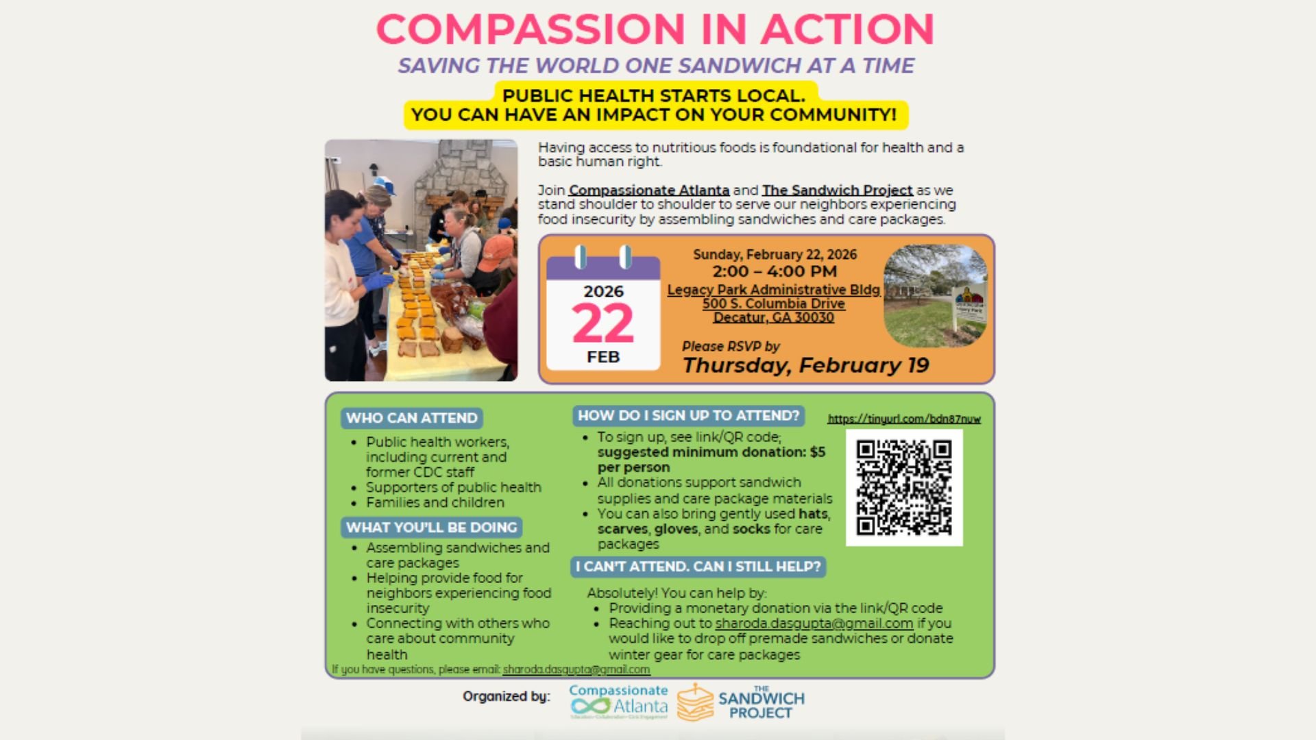 flyer for volunteer event with The Sandwich Project on February 22