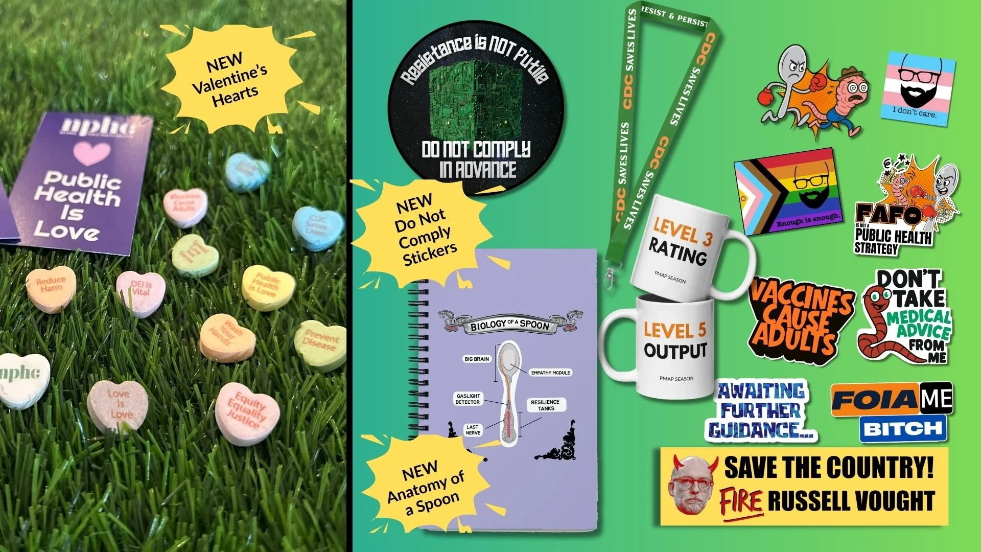 various Fired But Fighting merchandise, including new products like stickers and NPHC Valentine’s Day candy hearts