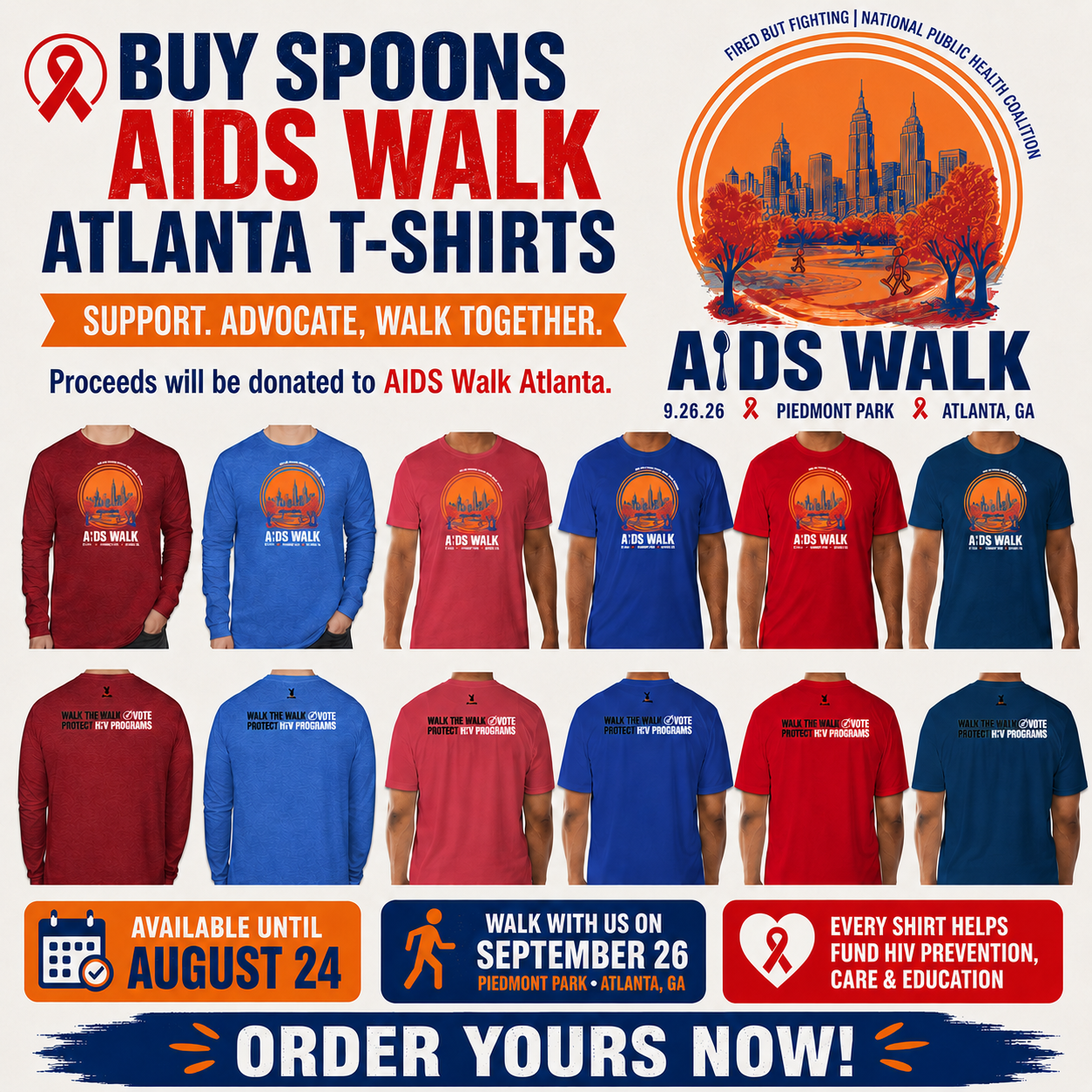 AIDS Walk Atlanta T-Shirts. Support Advocate. Walk Together. Proceeds will be donated to AIDS Walk Atlanta. Photos of various colors and styles of the Spoons AIDS Walk Atlanta t-shirt design