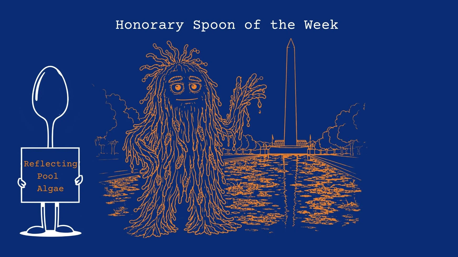 An algae monster waving in front of a murky Reflecting Pool and Washington Monument