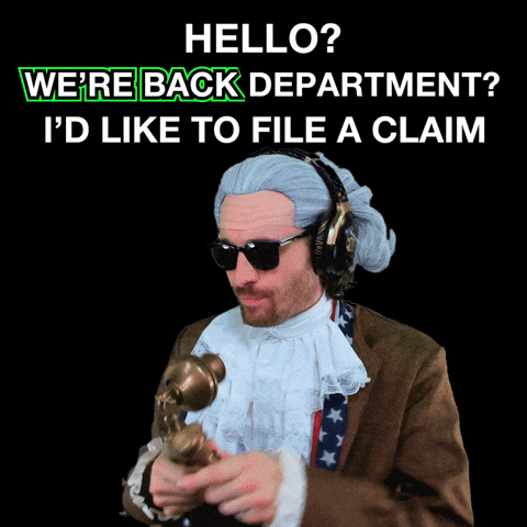 Patriot wearing sunglasses, an American flag, and holding a phone saying "Hello? We're Back Department? I'd Like to File a Claim"