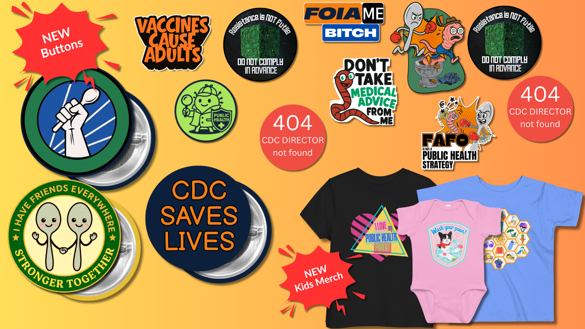 various FBF merch, including new buttons