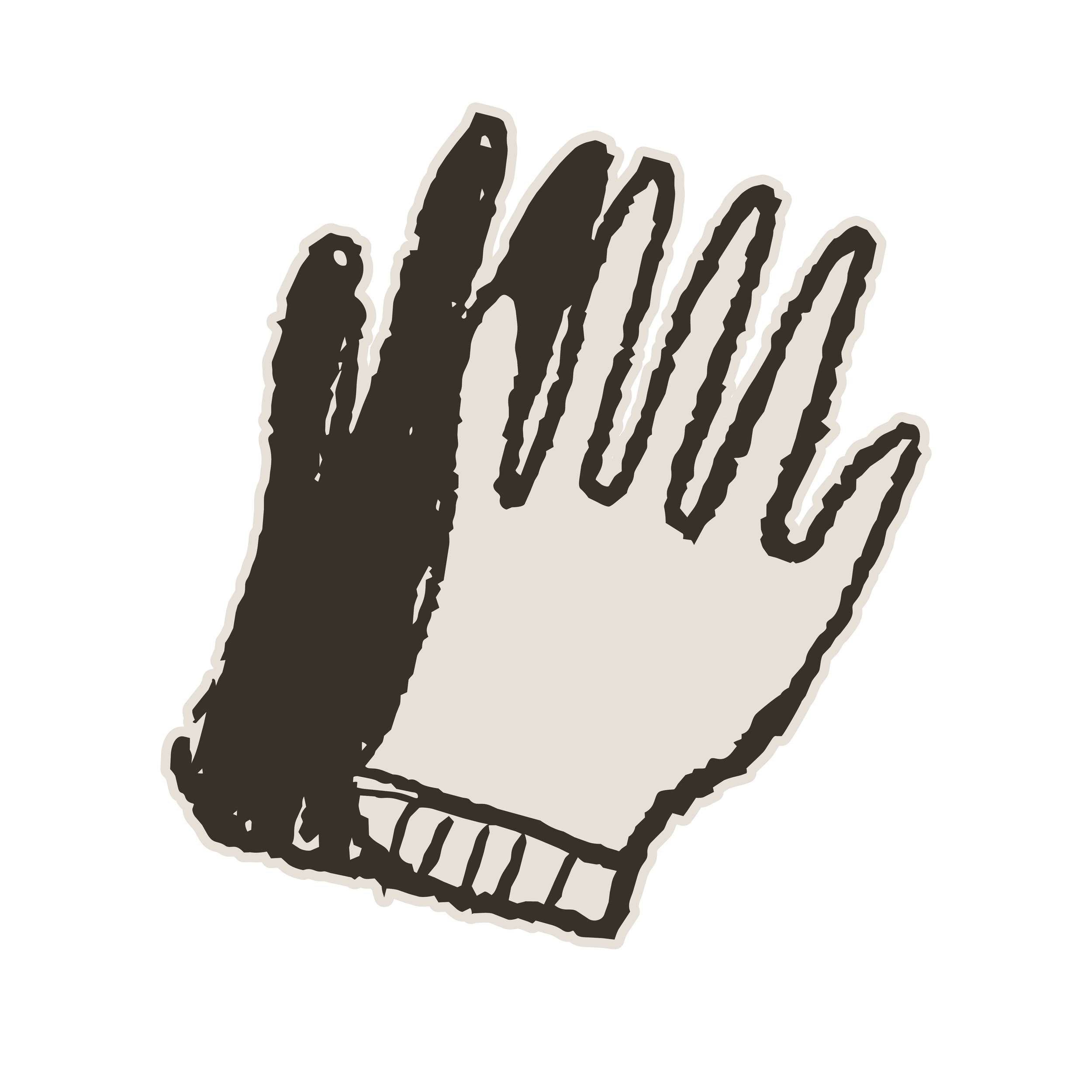 A hand drawing of a pair of gloves where one is brown and the other is cream.