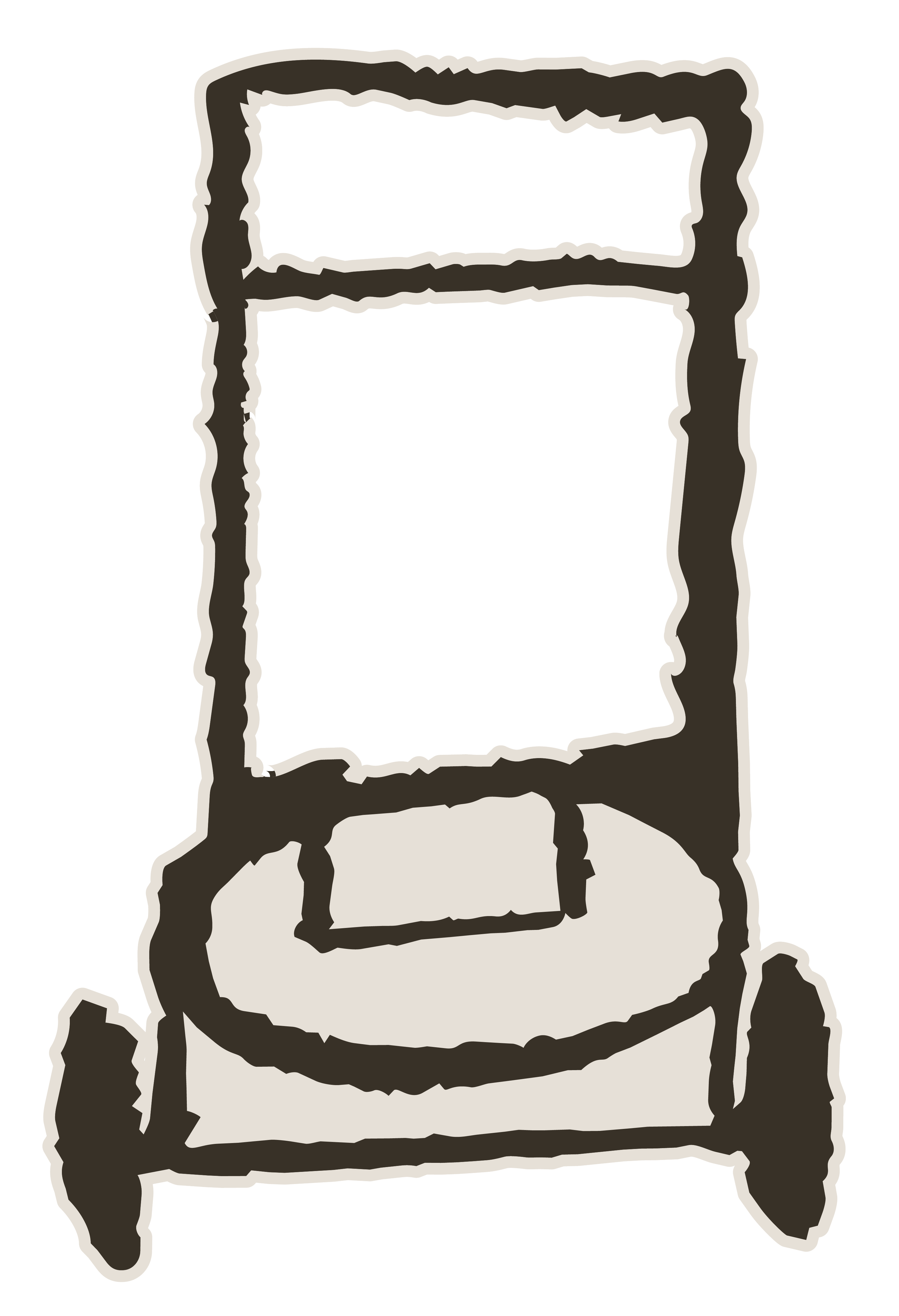 A brown-and-cream hand drawing of a lawn mower.
