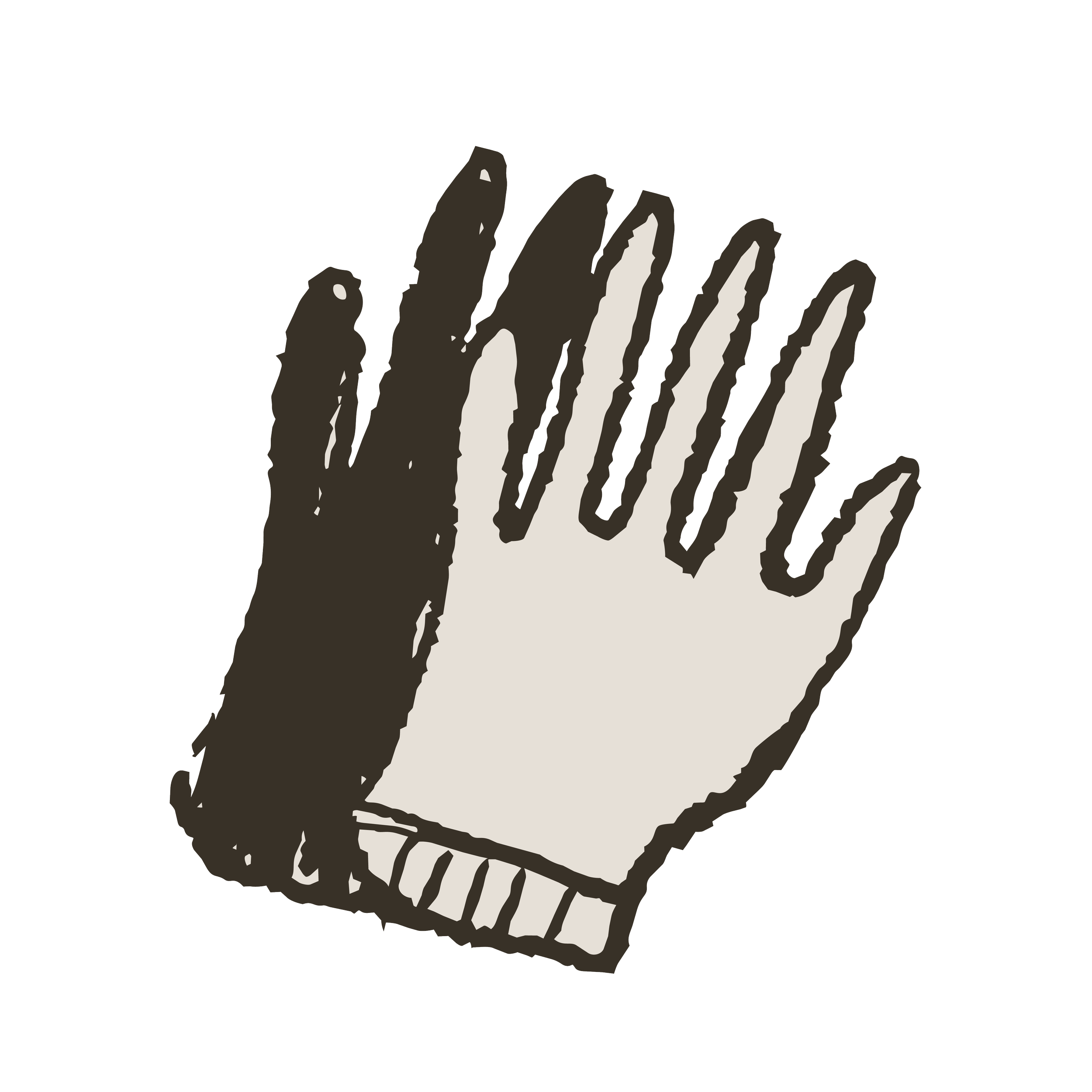 A digital illustration of a human hand with fingers spread apart, created with a textured brushstroke style in black and white.