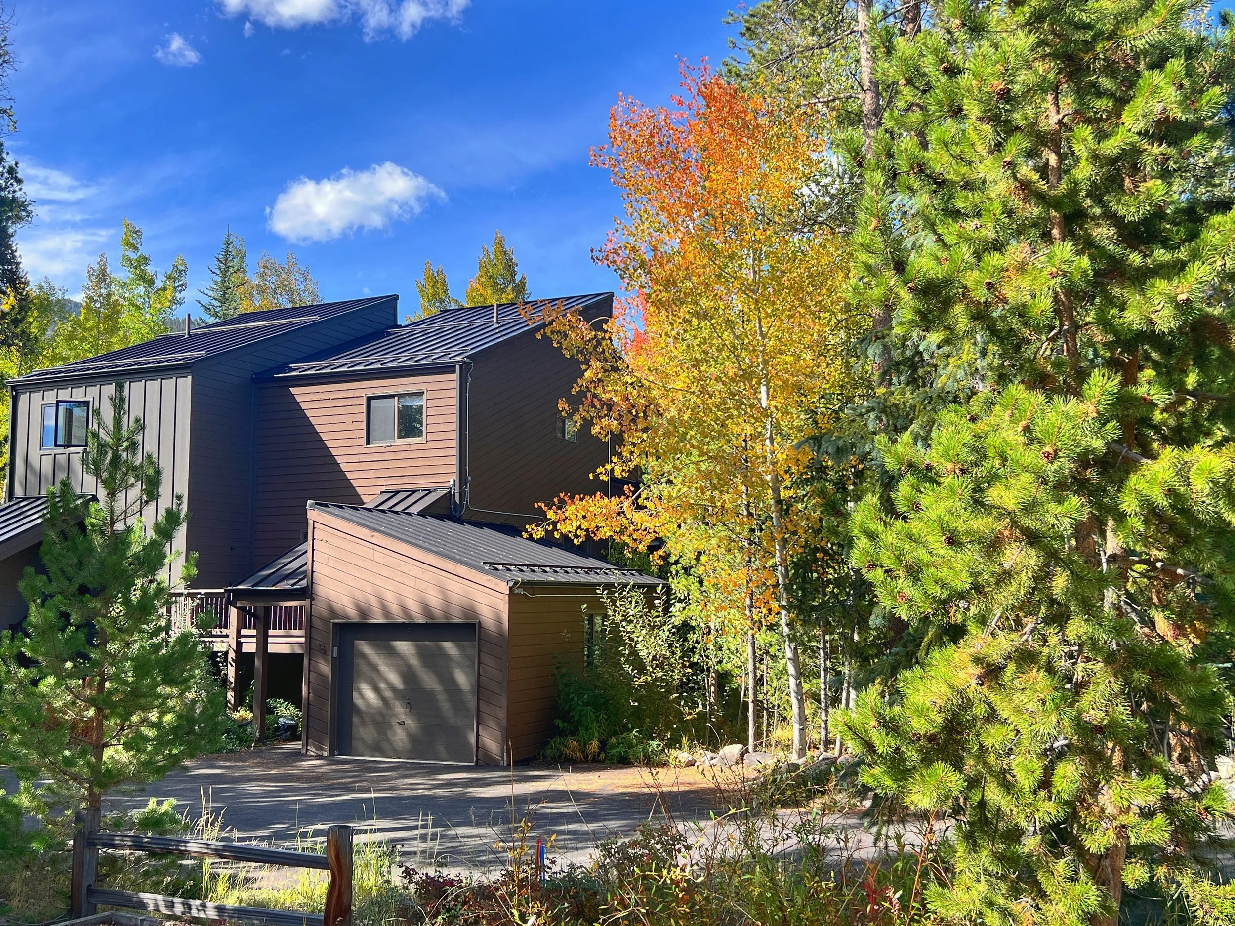 A modern house with dark siding and a metal roof, surrounded by colorful autumn trees under a blue sky with scattered clouds.
