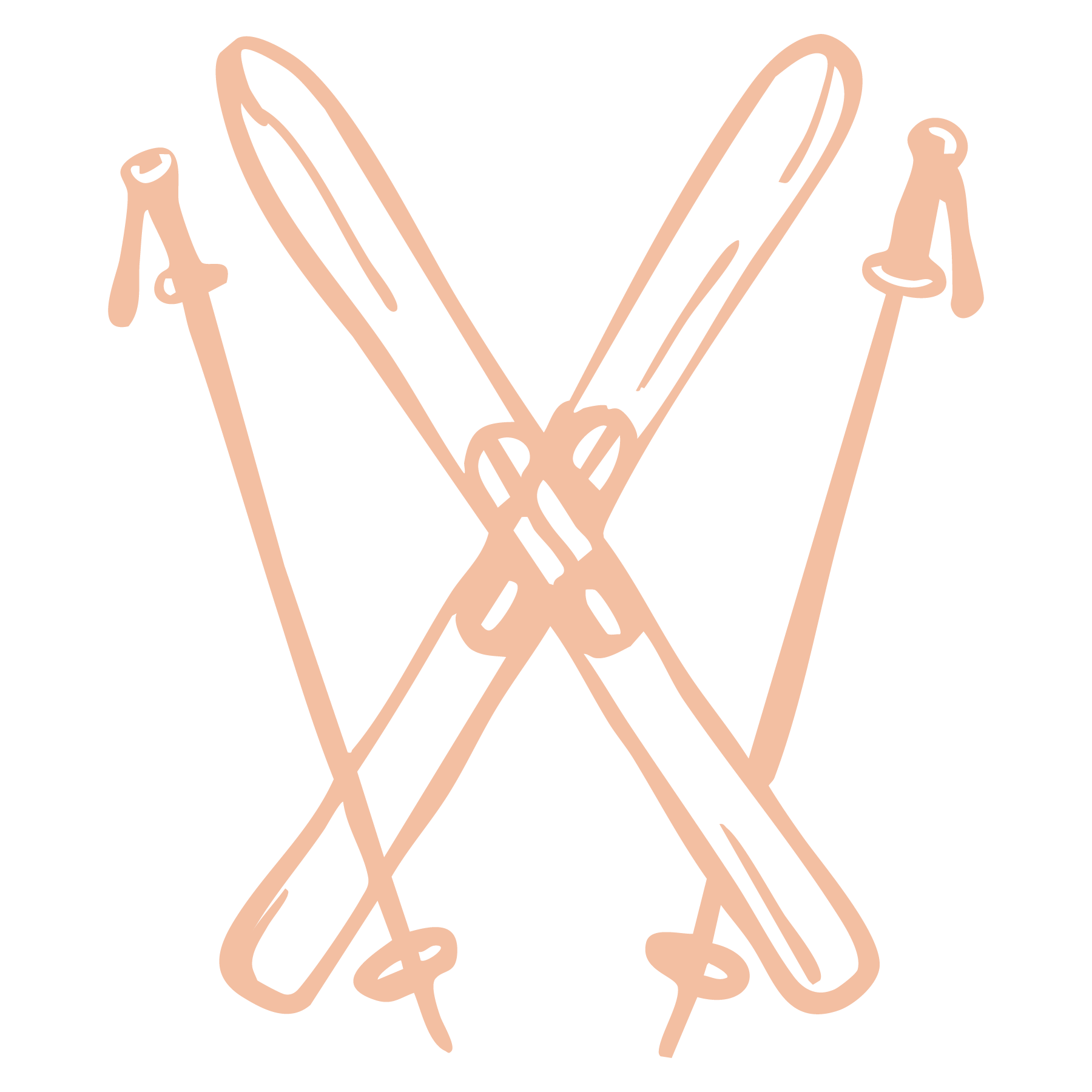 Line drawing of three cross-country skis with poles crossed against a black background.