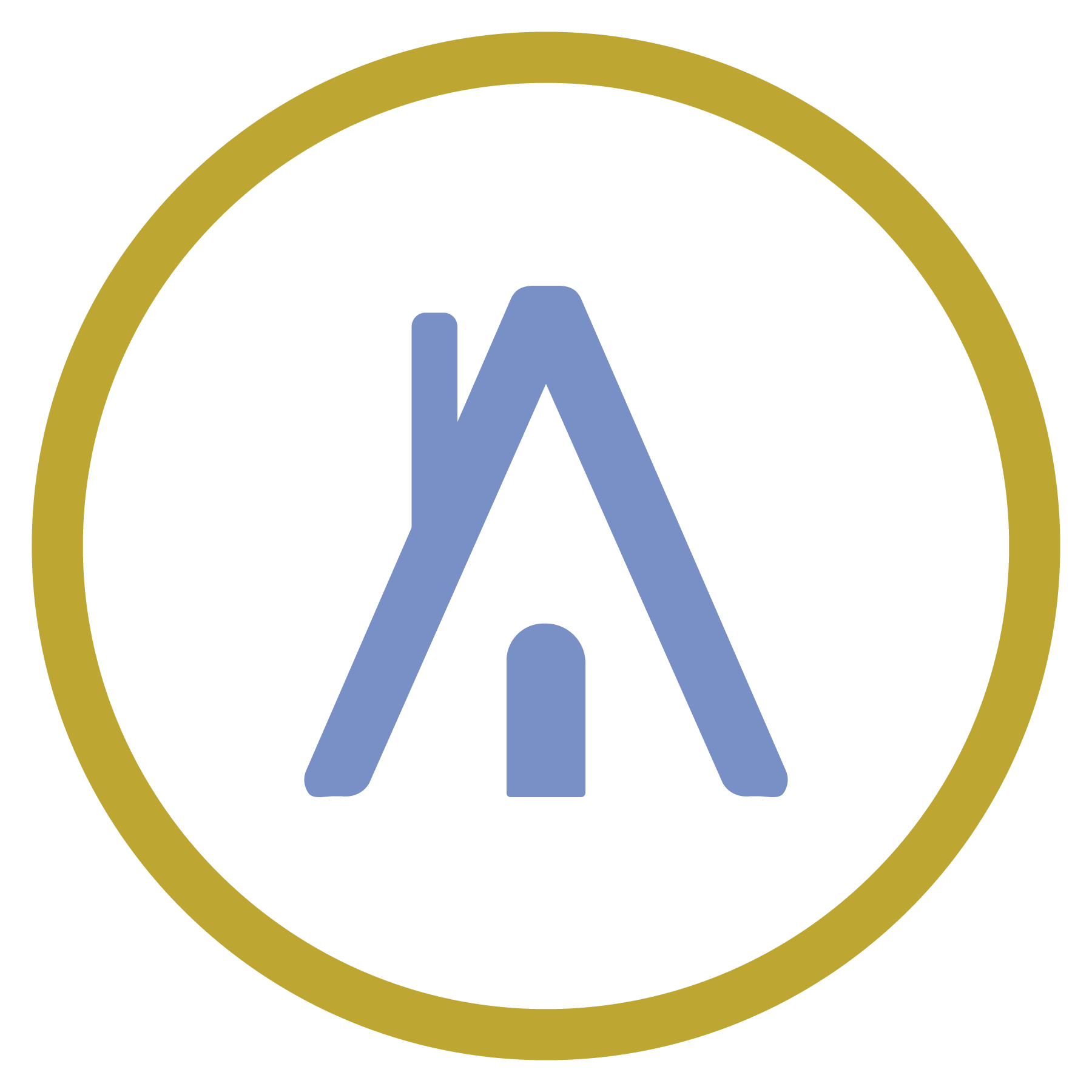 Logo of a black circle with a gold outline and a stylized blue tent inside.