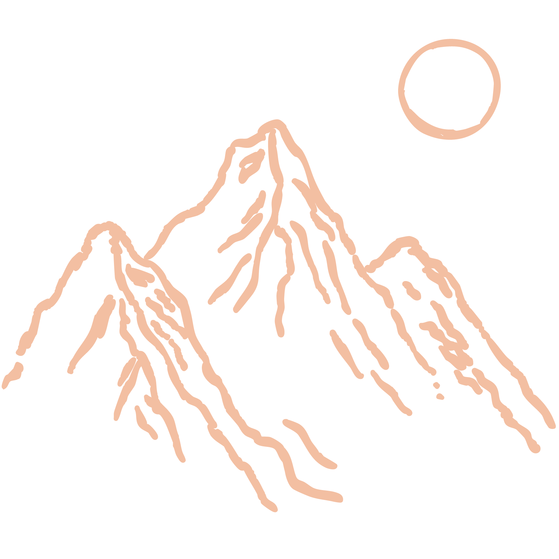 Minimalist line drawing of three mountain peaks with a circle representing the sun or moon in the night sky.