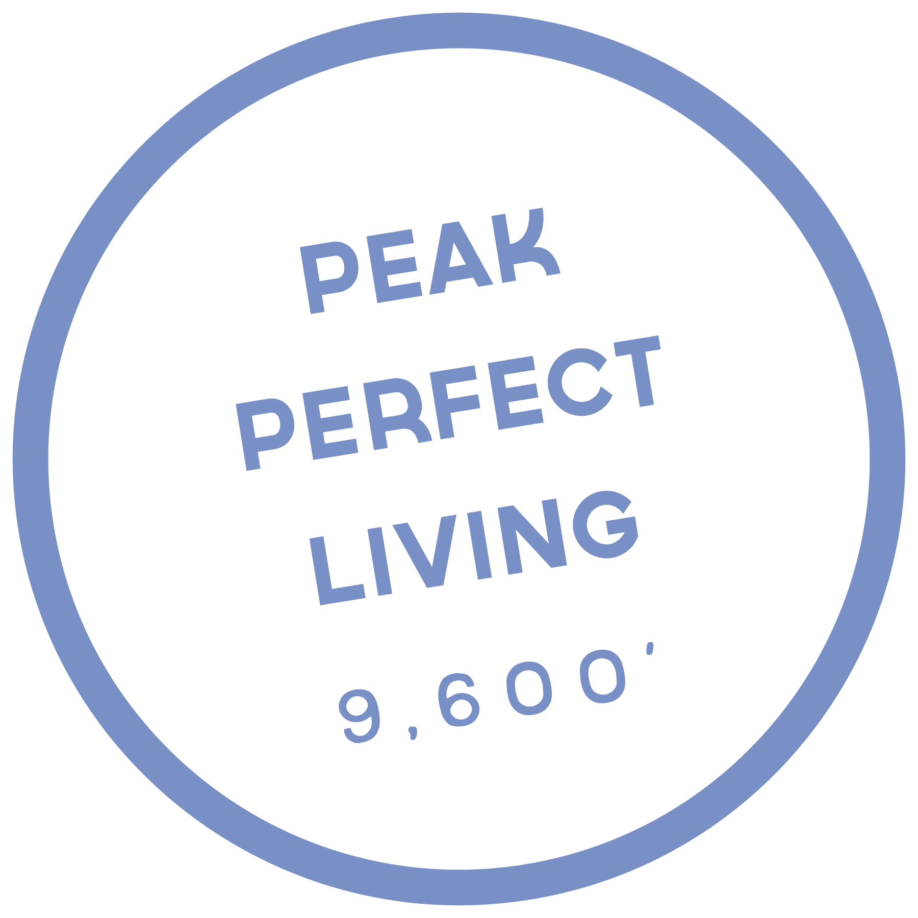 Design of a circular badge with the text 'Peak Perfect Living' and the coordinates '9,600°' inside.