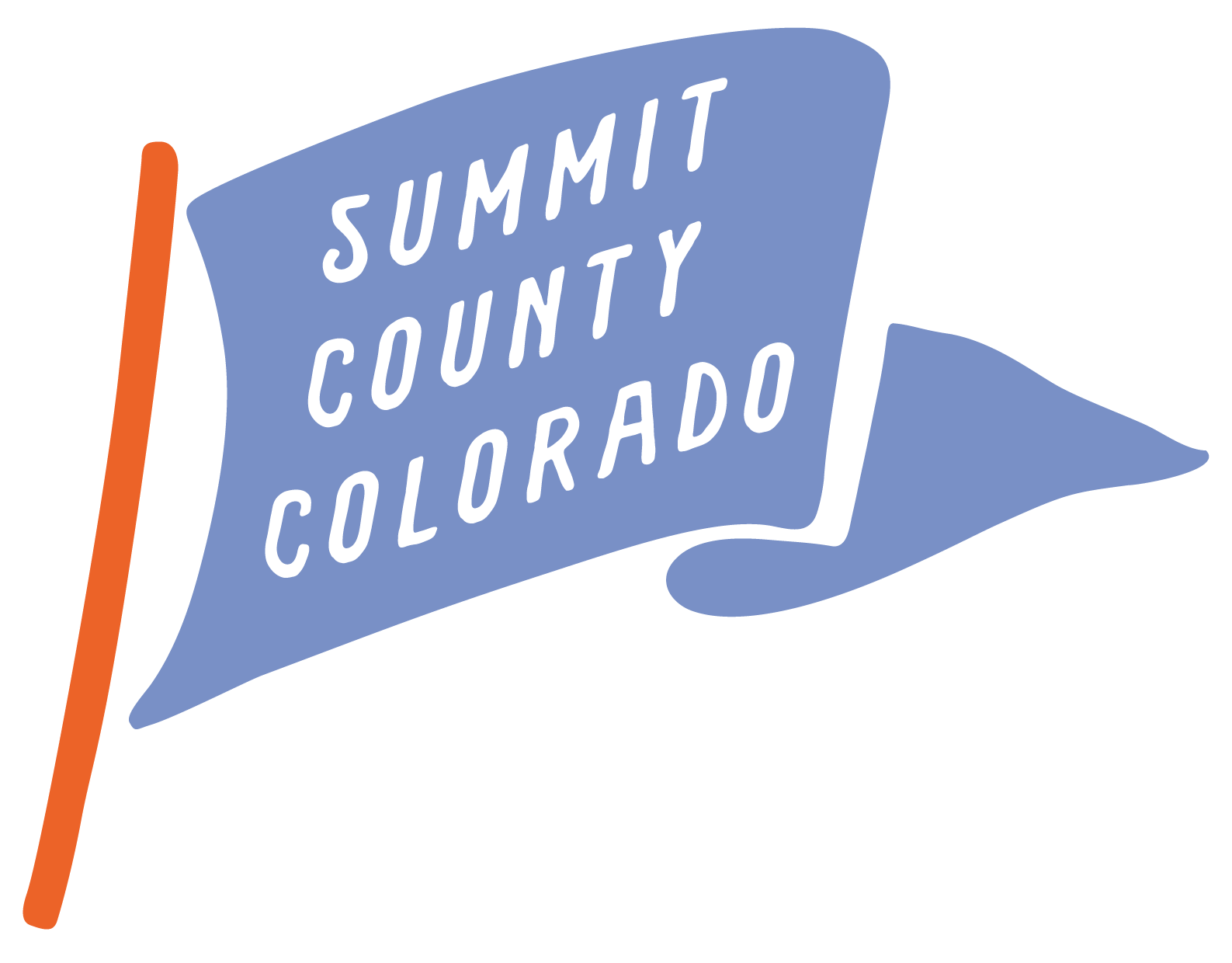 A blue flag with white text reading 'Summit County Colorado' on an orange flagpole.