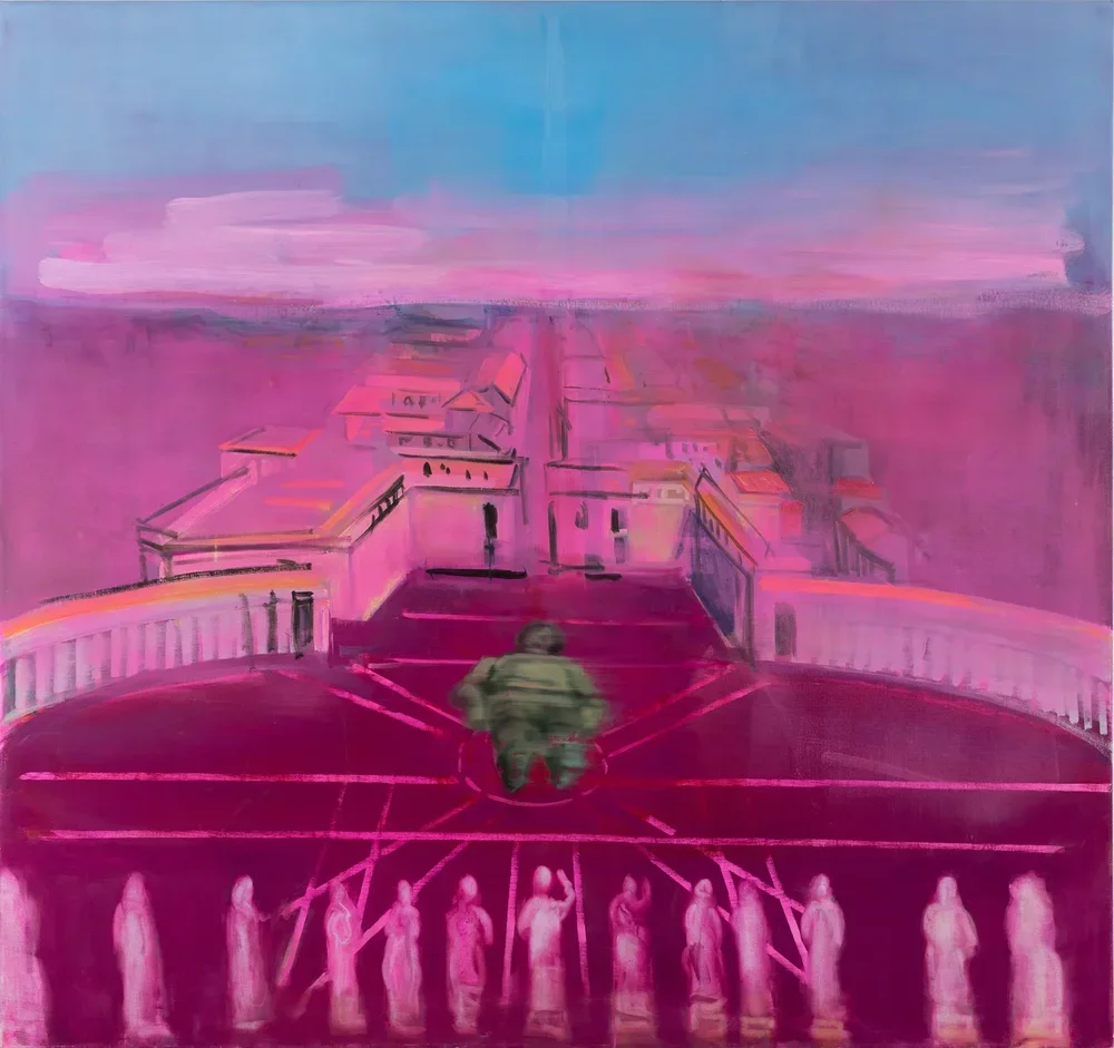 A surreal painting of a cityscape with pink and purple tones, featuring a person sitting in the center and a row of indistinct human figures at the bottom, connected by lines.