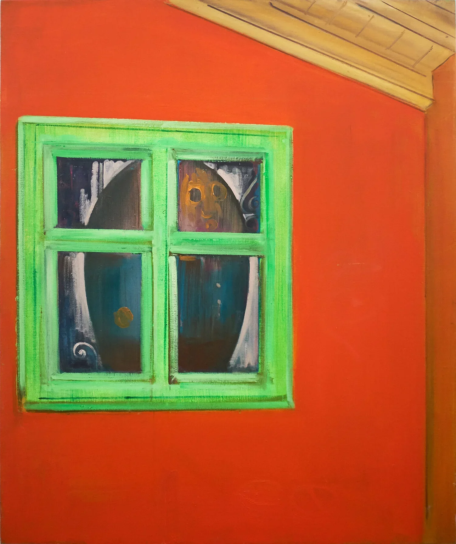 A painted window with four panes, surrounded by a bright green frame, on a red wall. Behind the window, there is a face with wide eyes and an open mouth, depicted in an abstract, colorful style.