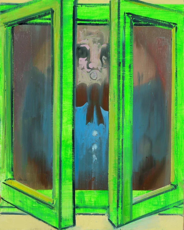 A colorful painting of a green frame with open doors revealing a floating skull on a blue background in the center.