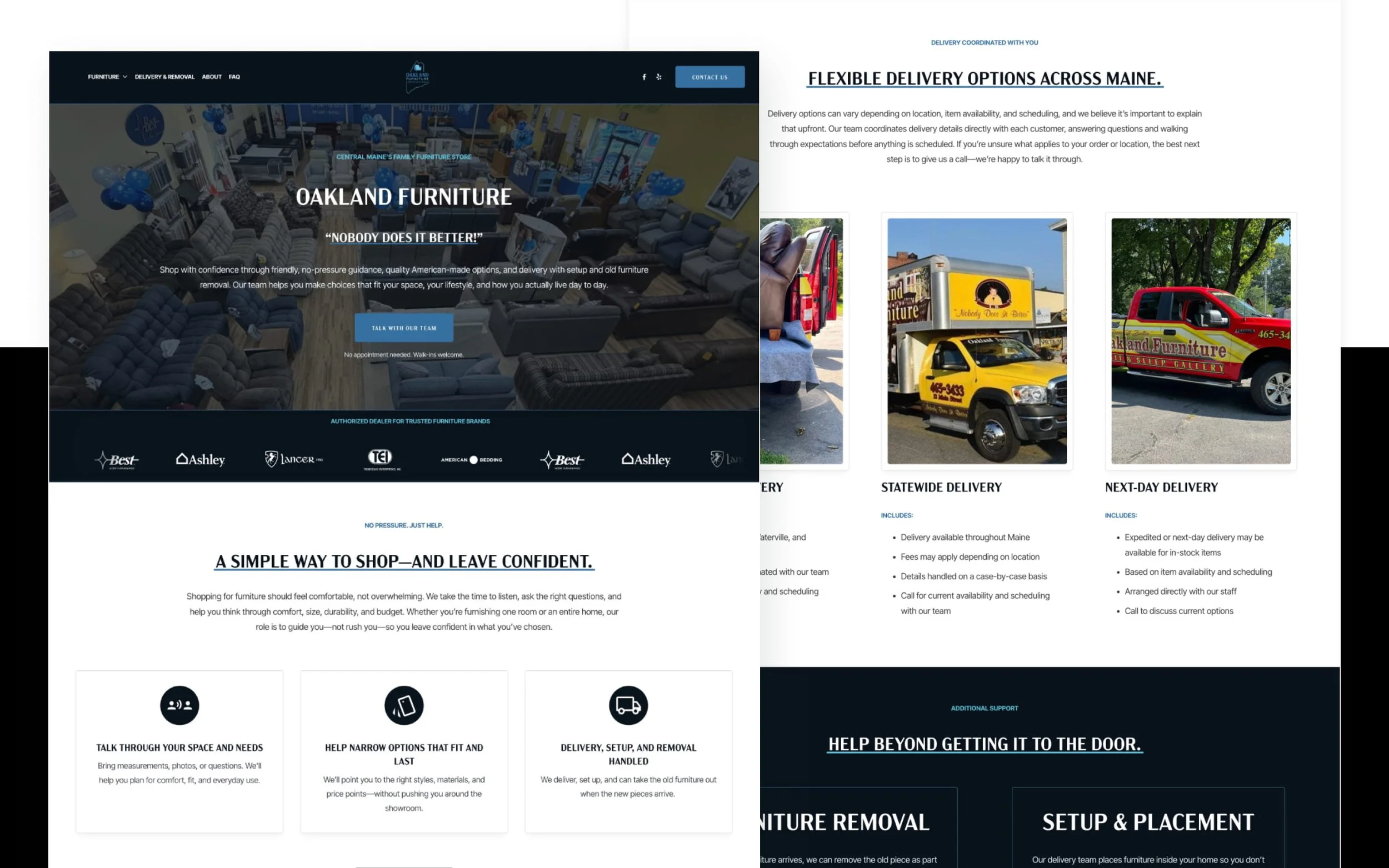 The rebuilt Oakland Furniture website helps customers browse furniture categories, understand delivery options, and connect with the showroom.