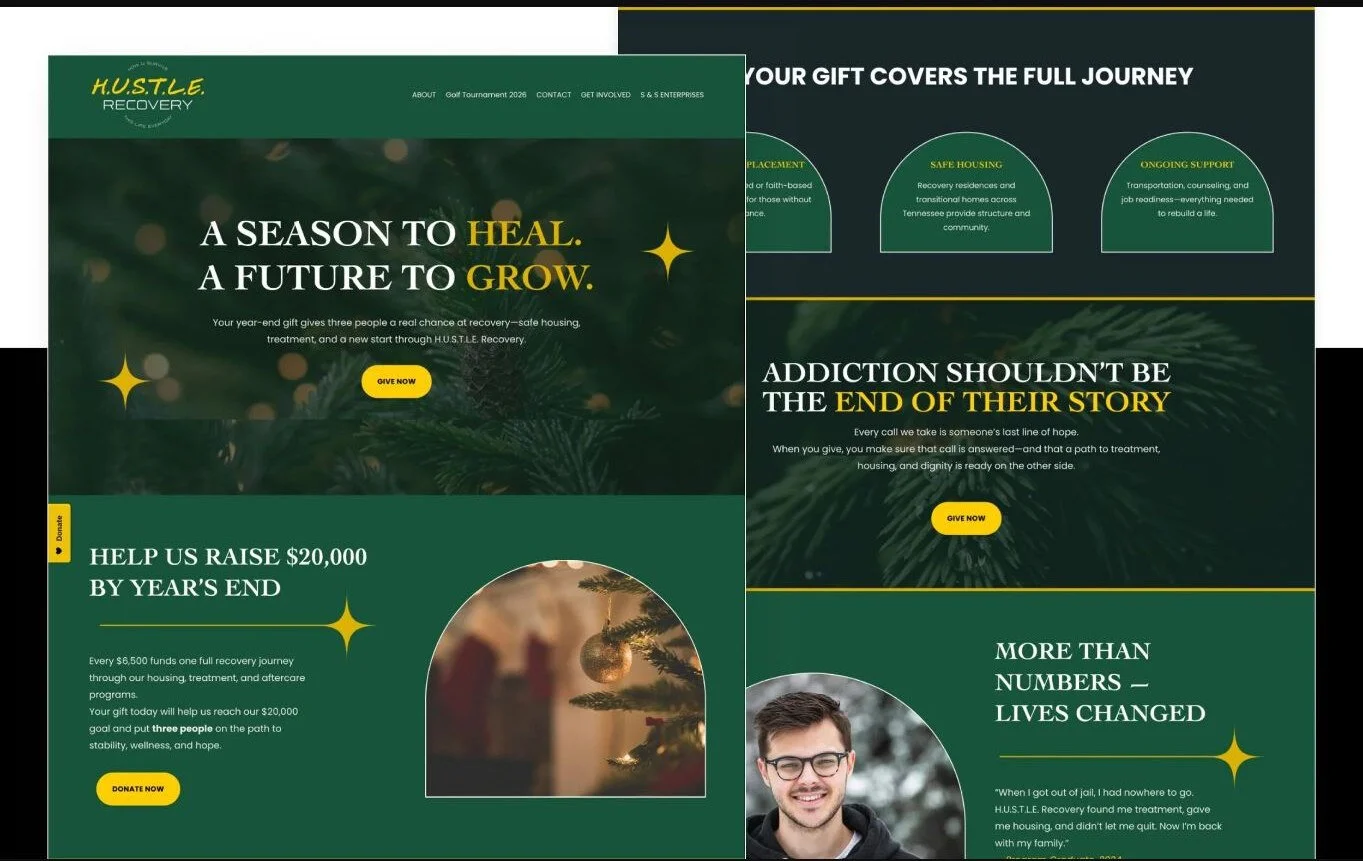H.U.S.T.L.E. Recovery year-end giving landing page designed for a nonprofit fundraising campaign.