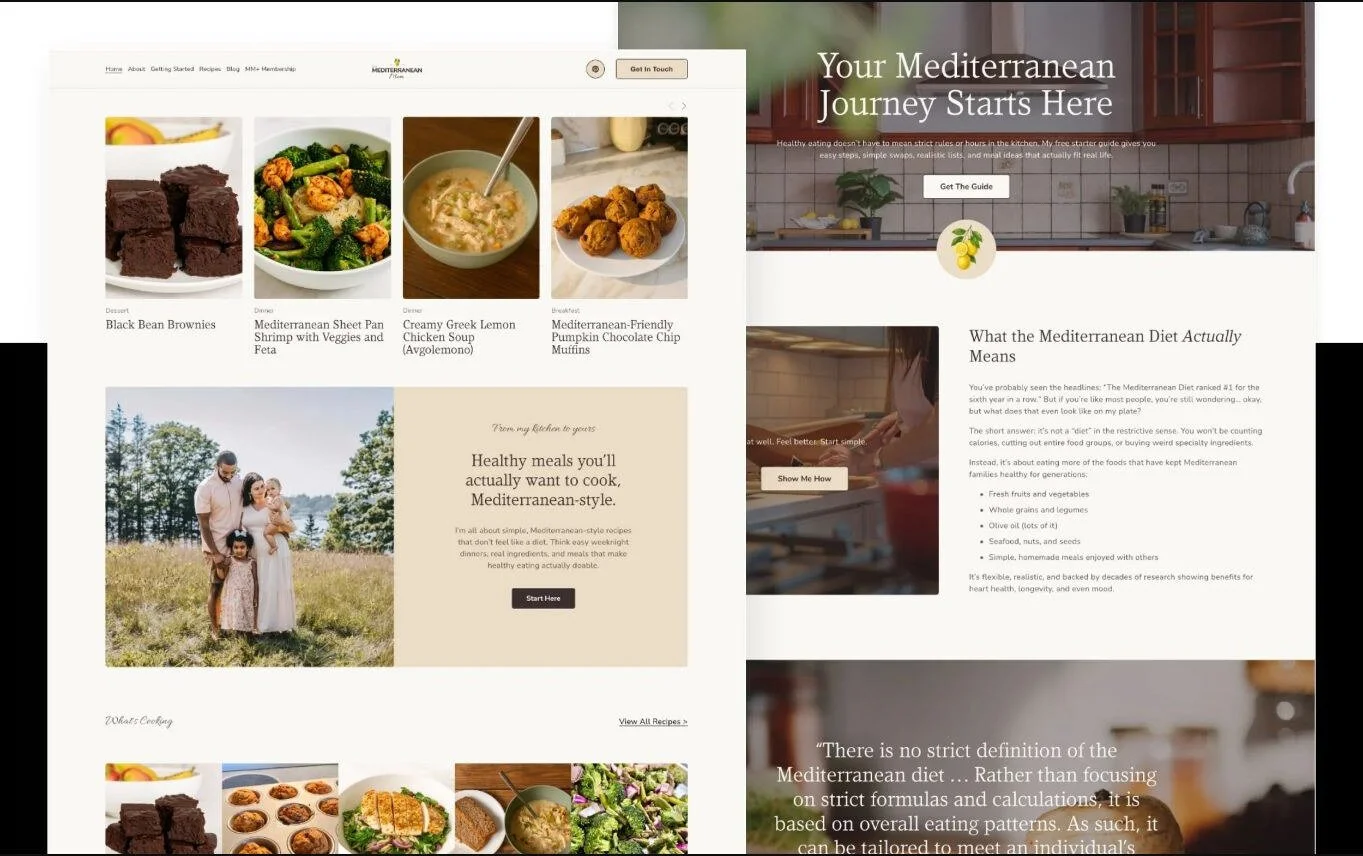 The Mediterranean Mom brand and Squarespace website design featuring recipes and family-focused content.
