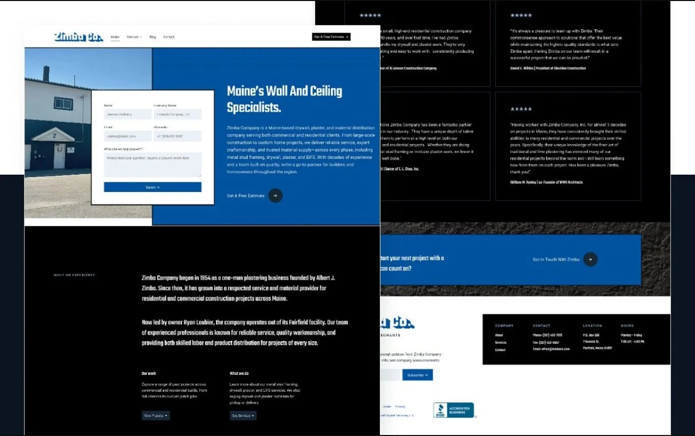 Zimba Company contractor website redesign showcasing construction services and project information.