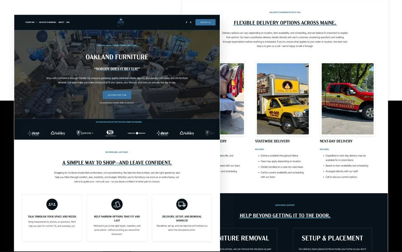 Oakland Furniture Squarespace website rebuild shown across desktop and mobile layouts.