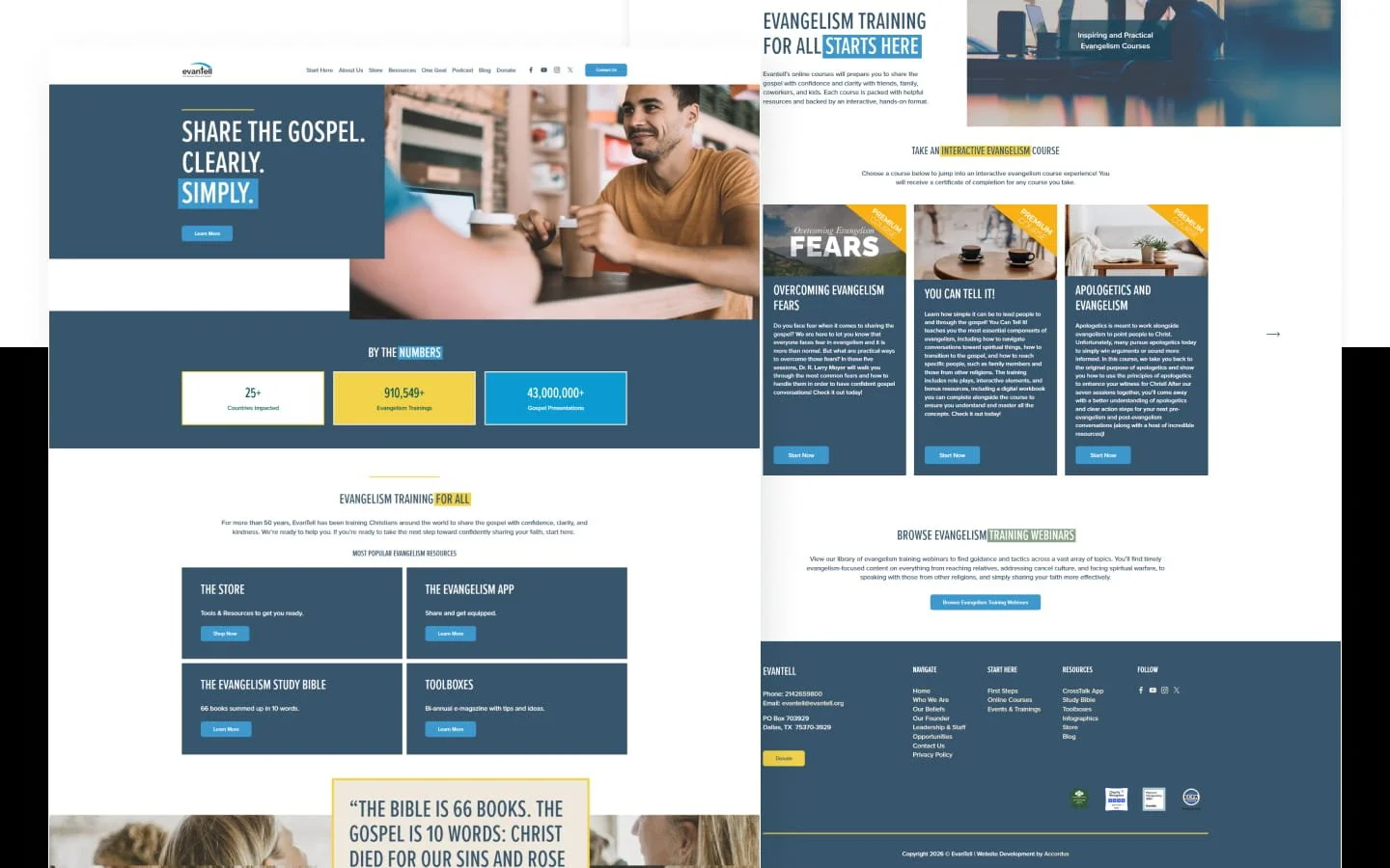 EvanTell Squarespace website showing the homepage and evangelism course library after its migration from WordPress.