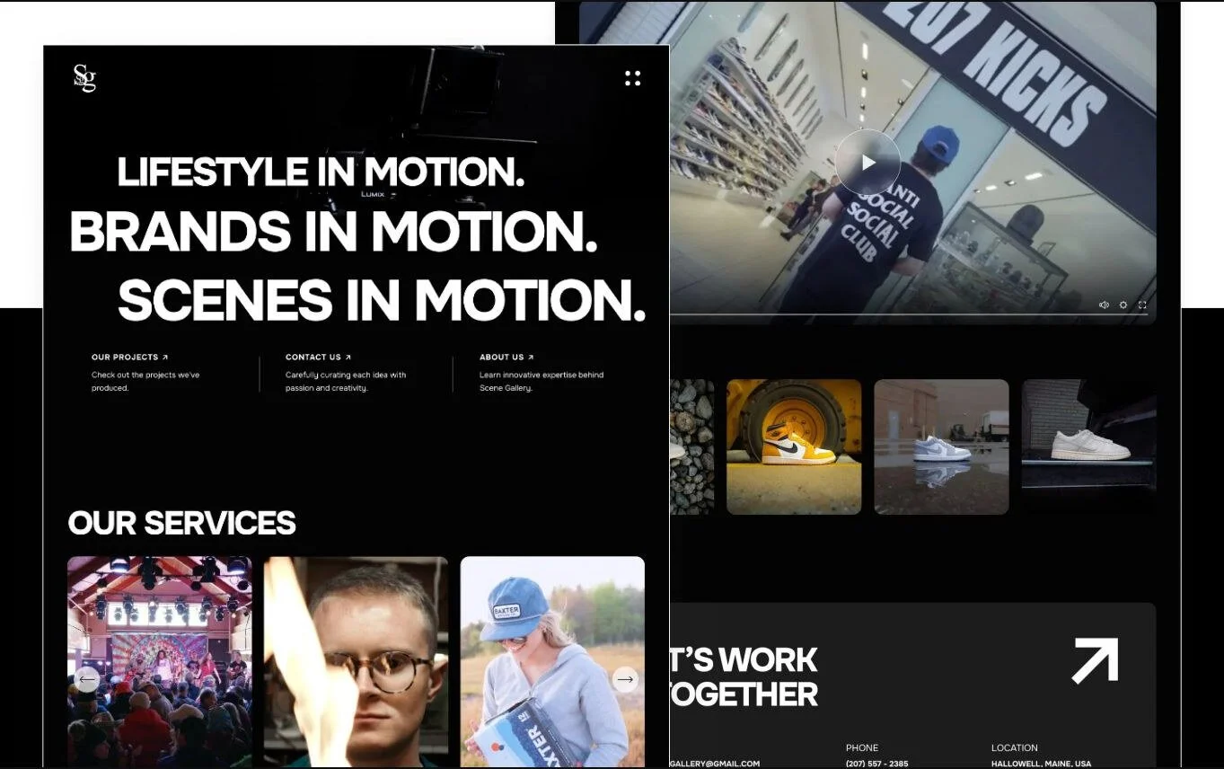 Scene Gallery creative studio website redesign featuring cinematic video and photography work.