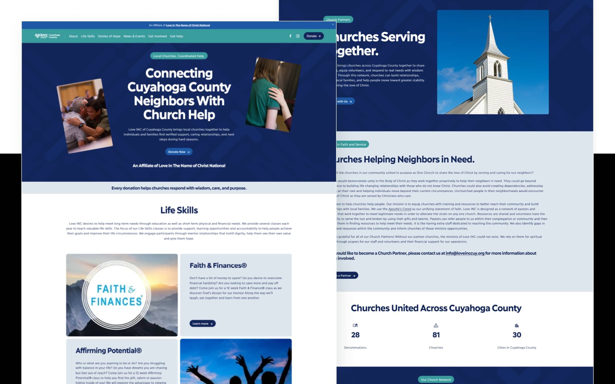 Screenshots of the new Love INC of Cuyahoga County Squarespace site, showing the homepage and the Church Partners page